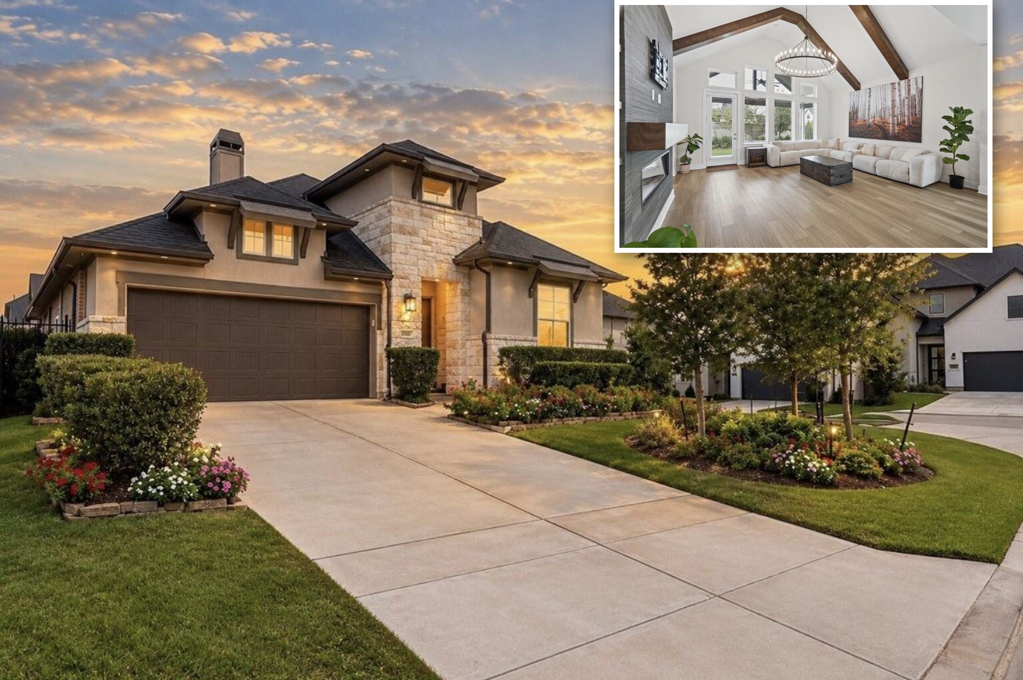 Twilight front exterior with an inset of the living room's vaulted, beamed ceiling (virtually enhanced/staged).