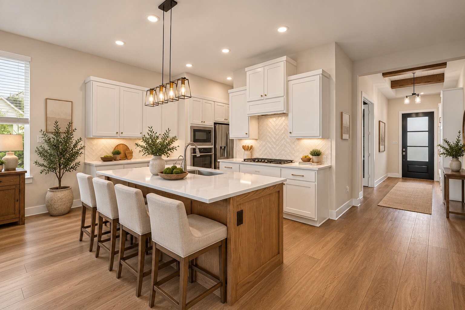 The island kitchen anchors the open living space, with counter seating for casual meals, pendant lighting overhead and clear sightlines through to the dining and living areas.
