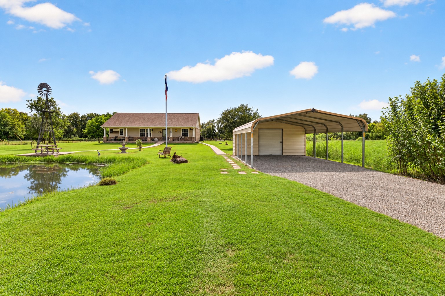 Scenic front-yard pond views provide a peaceful setting and added privacy. Pond is located on the neighboring property and is not included with the home.