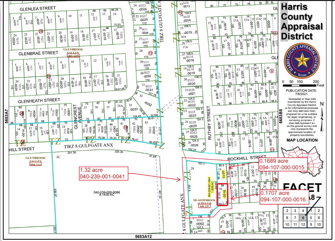 HCAD parcel map identifying Lot 16 in Meadowbrook Freeway subdivision.
