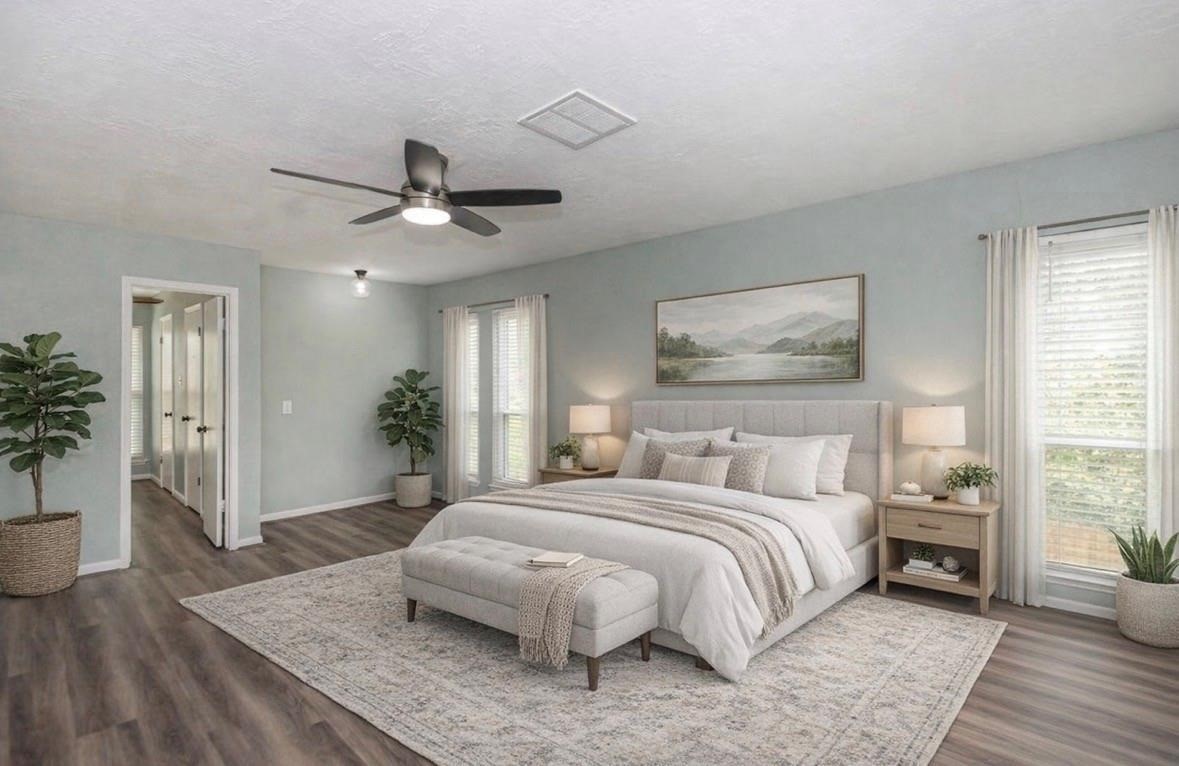 Primary bedroom located on the second level. Virtually Staged