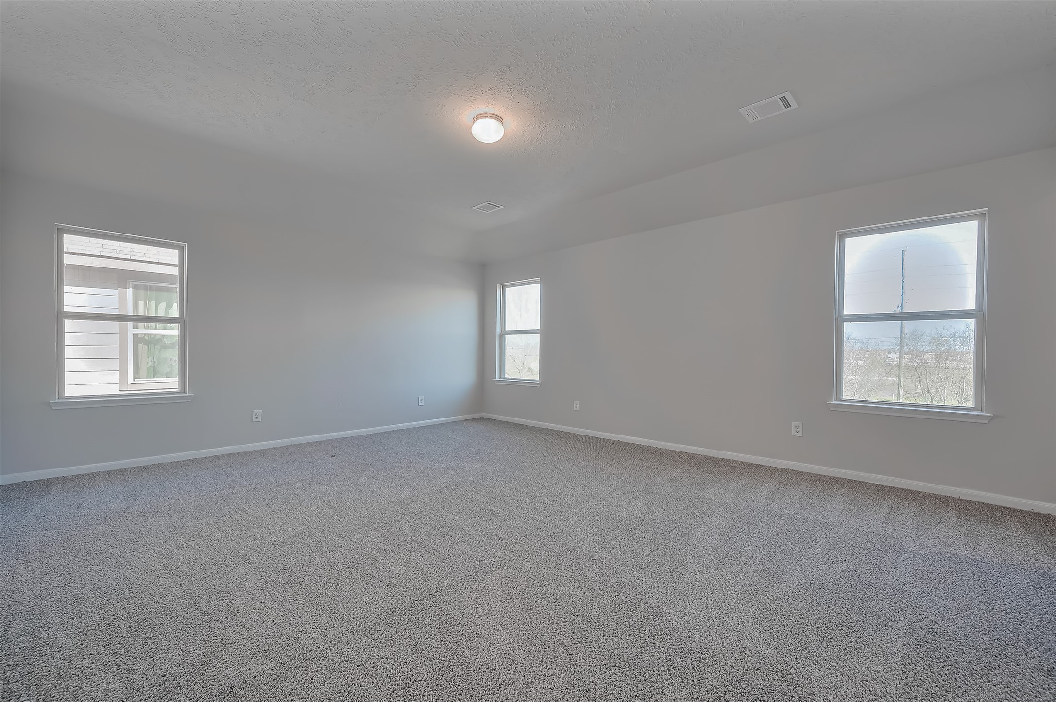 Primary bedroom featuring three large windows.
