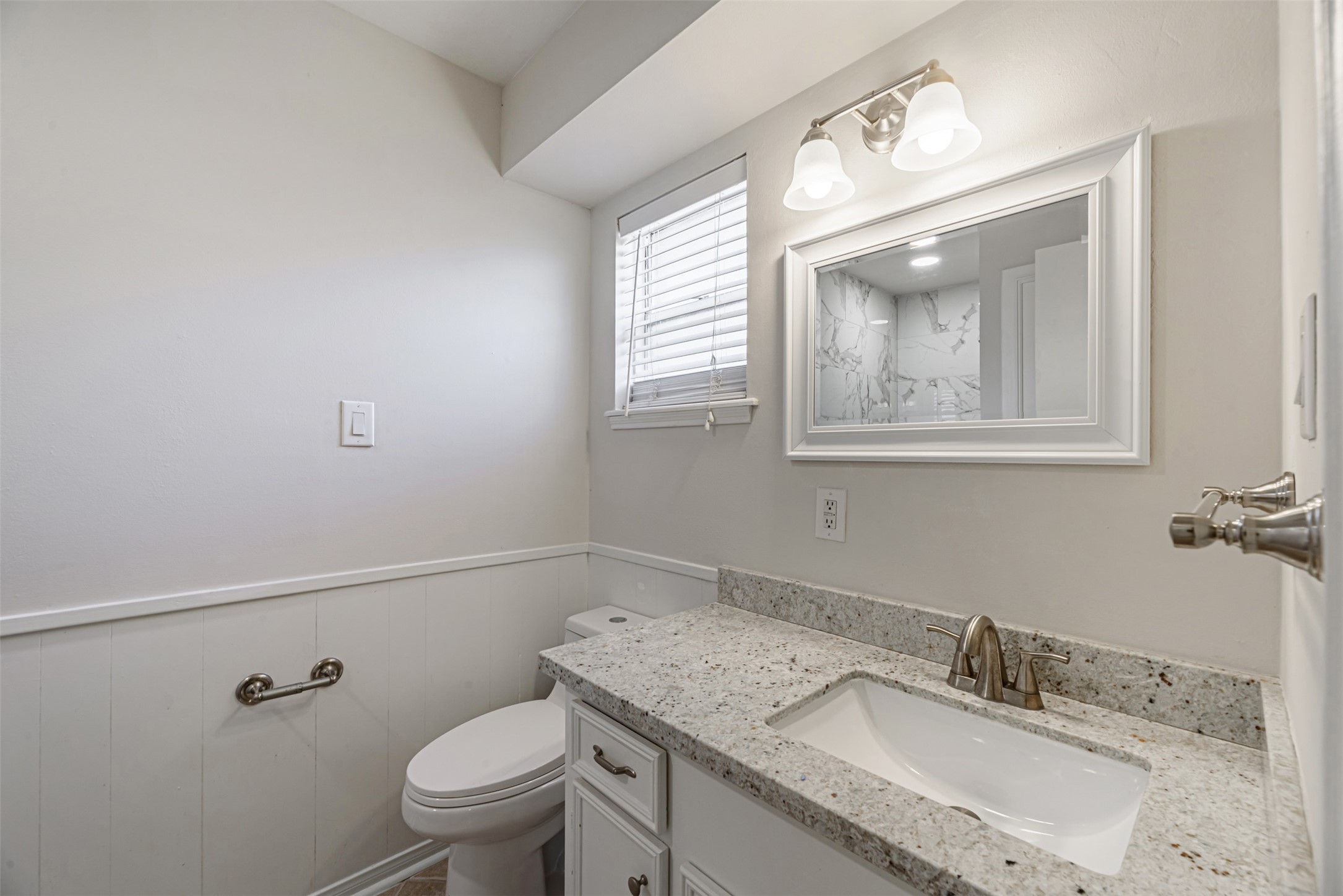 Close-up view of vanity area in bathroom offers the possibilities in it.