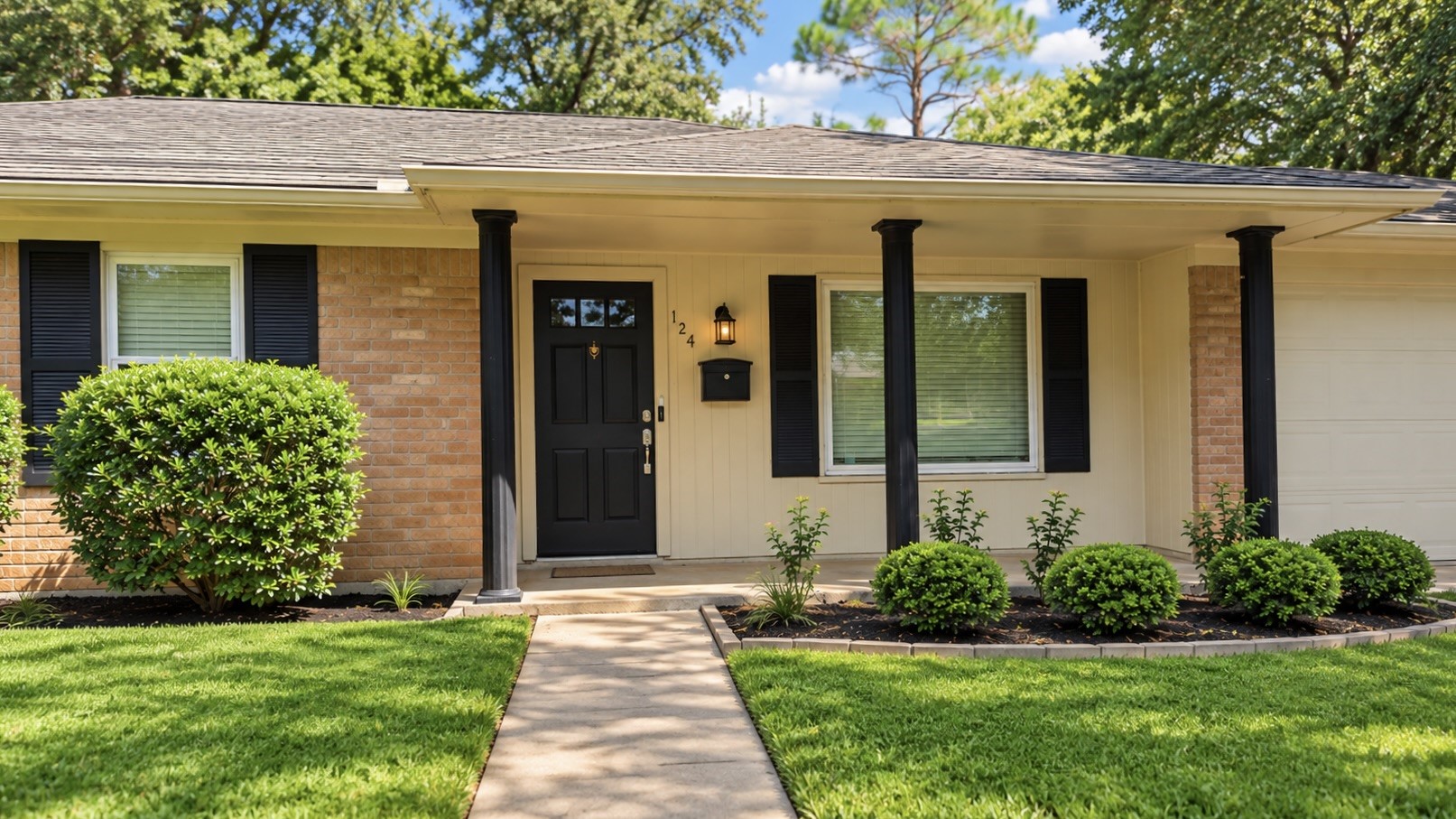 Charming curb appeal with manicured landscaping and a welcoming front door framed by elegant black columns invites you to explore further.