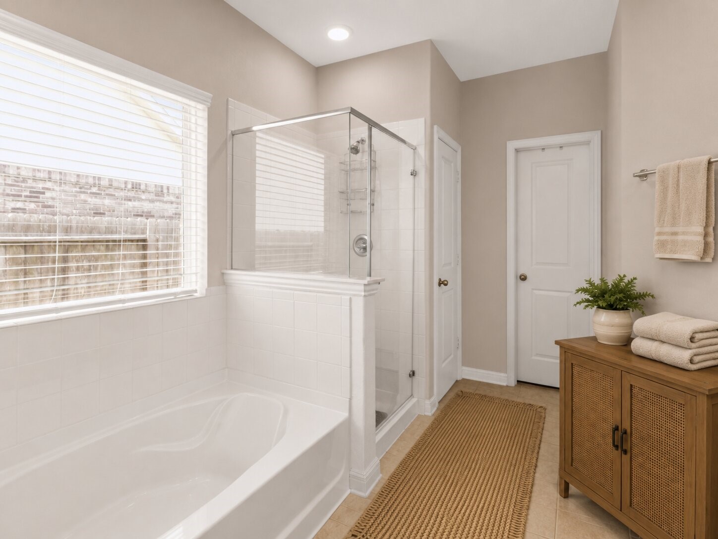*virtually staged* A soaking tub and separate shower create a comfortable space to begin and end the day.