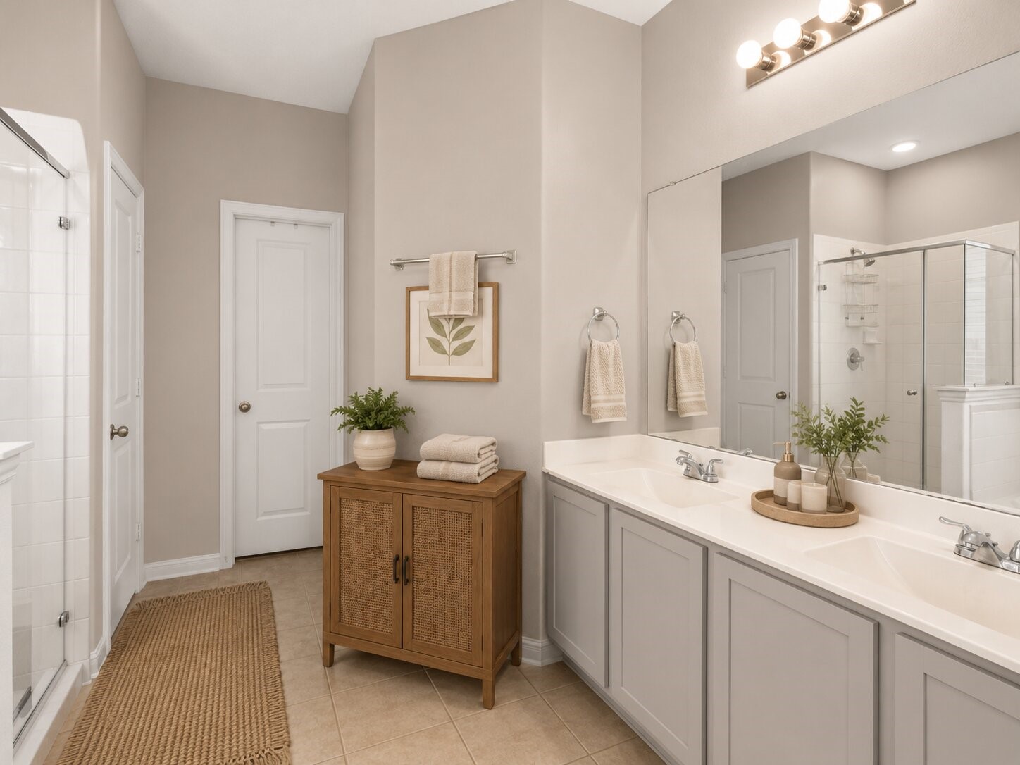 *virtually staged* The primary bathroom features dual sinks, generous counter space, and ample cabinet storage.