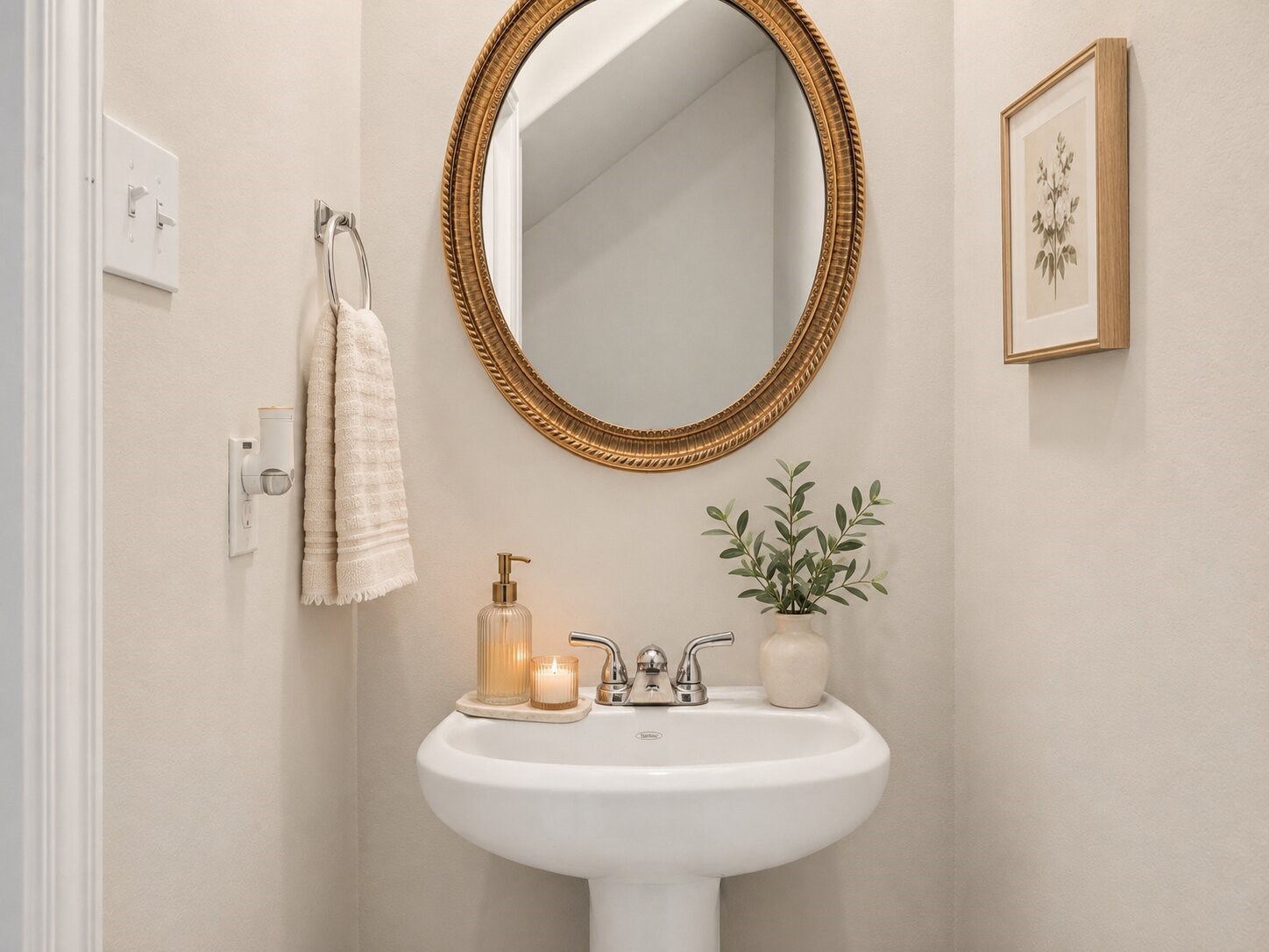 *virtually staged* The conveniently located half bathroom provides easy access for guests on the main level.