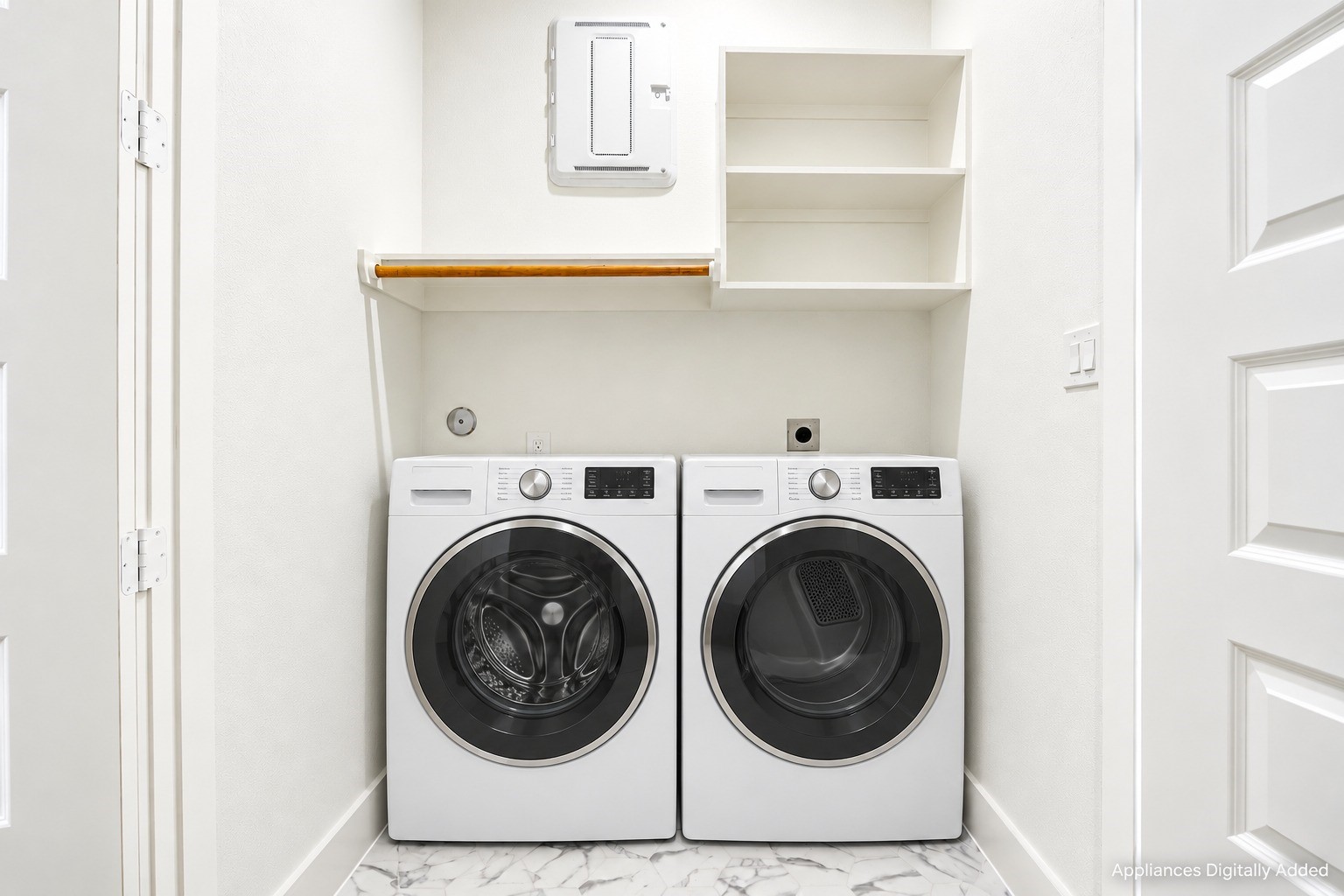 Laundry closet complete with shelving and storage space. *Washer and dryer virtually added.
