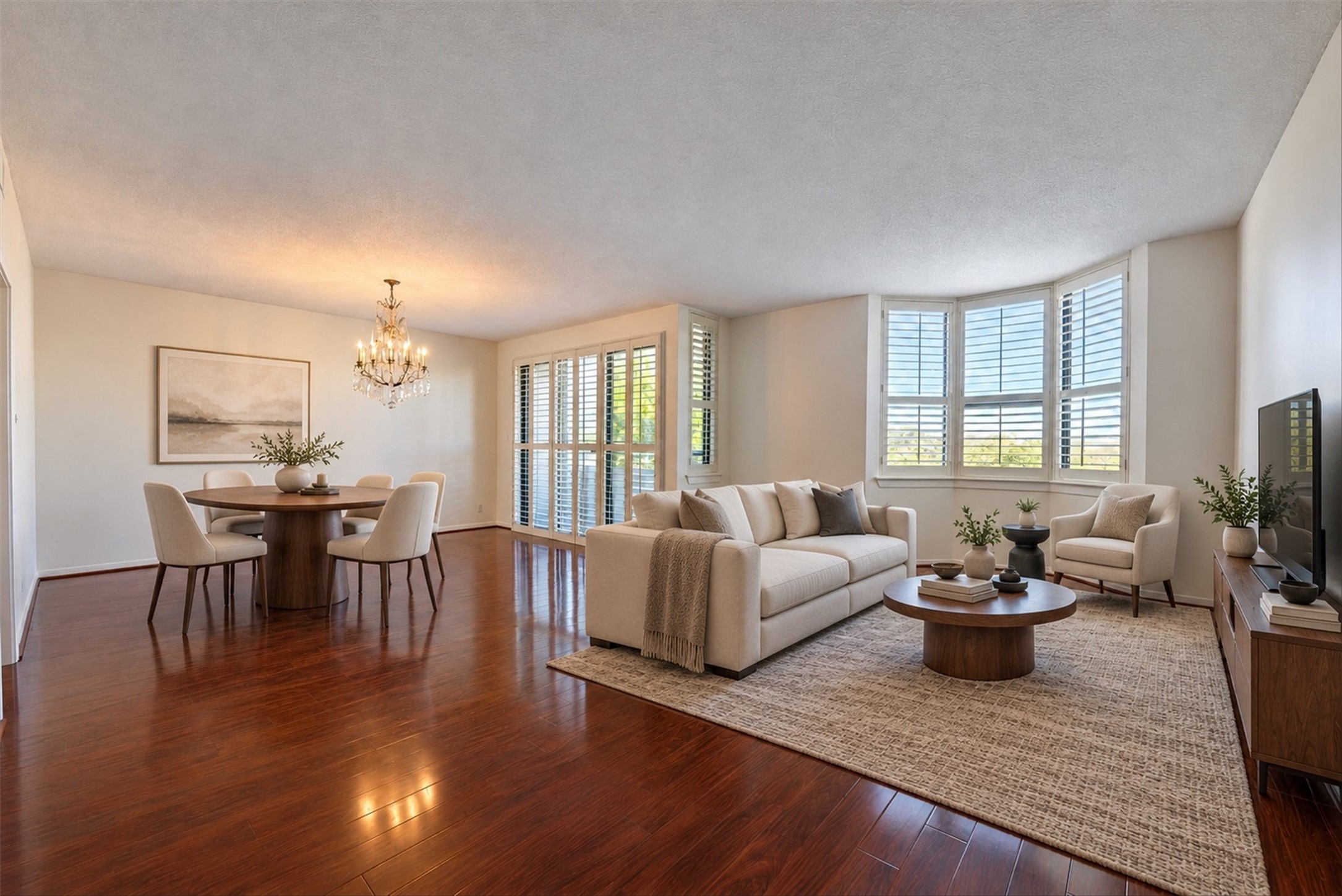 Virtually staged living and dining area.