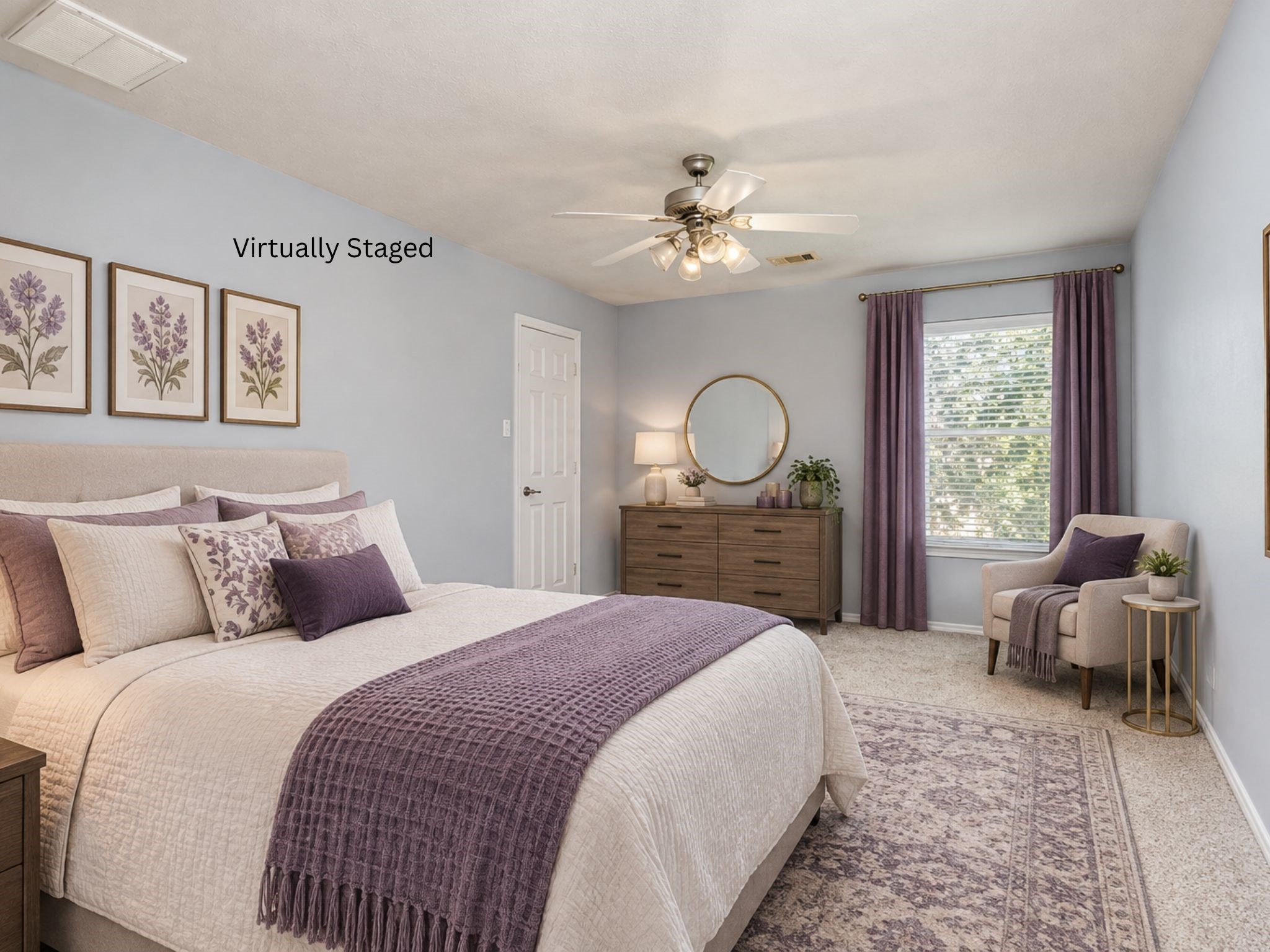 Virtually staged bedroom showcasing the room's natural light, soft carpeting, and space for a complete bedroom arrangement. The presentation illustrates its potential as a welcoming guest room or a comfortable bedroom for a household member.