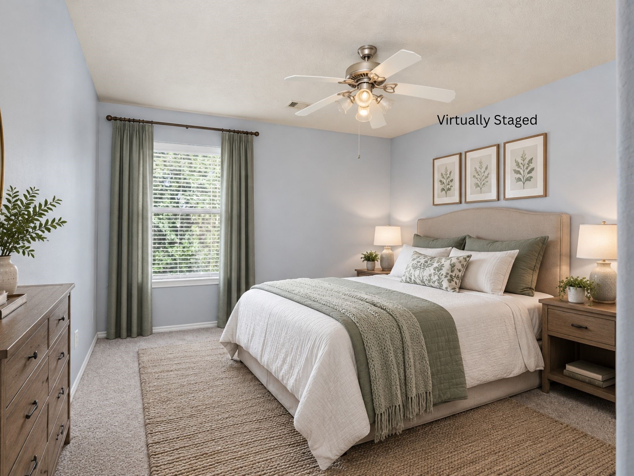 Virtually staged secondary bedroom highlighting the natural light, soft carpeting, and available floor space. The layout demonstrates how the room can function as a comfortable bedroom while leaving space for everyday movement and storage.