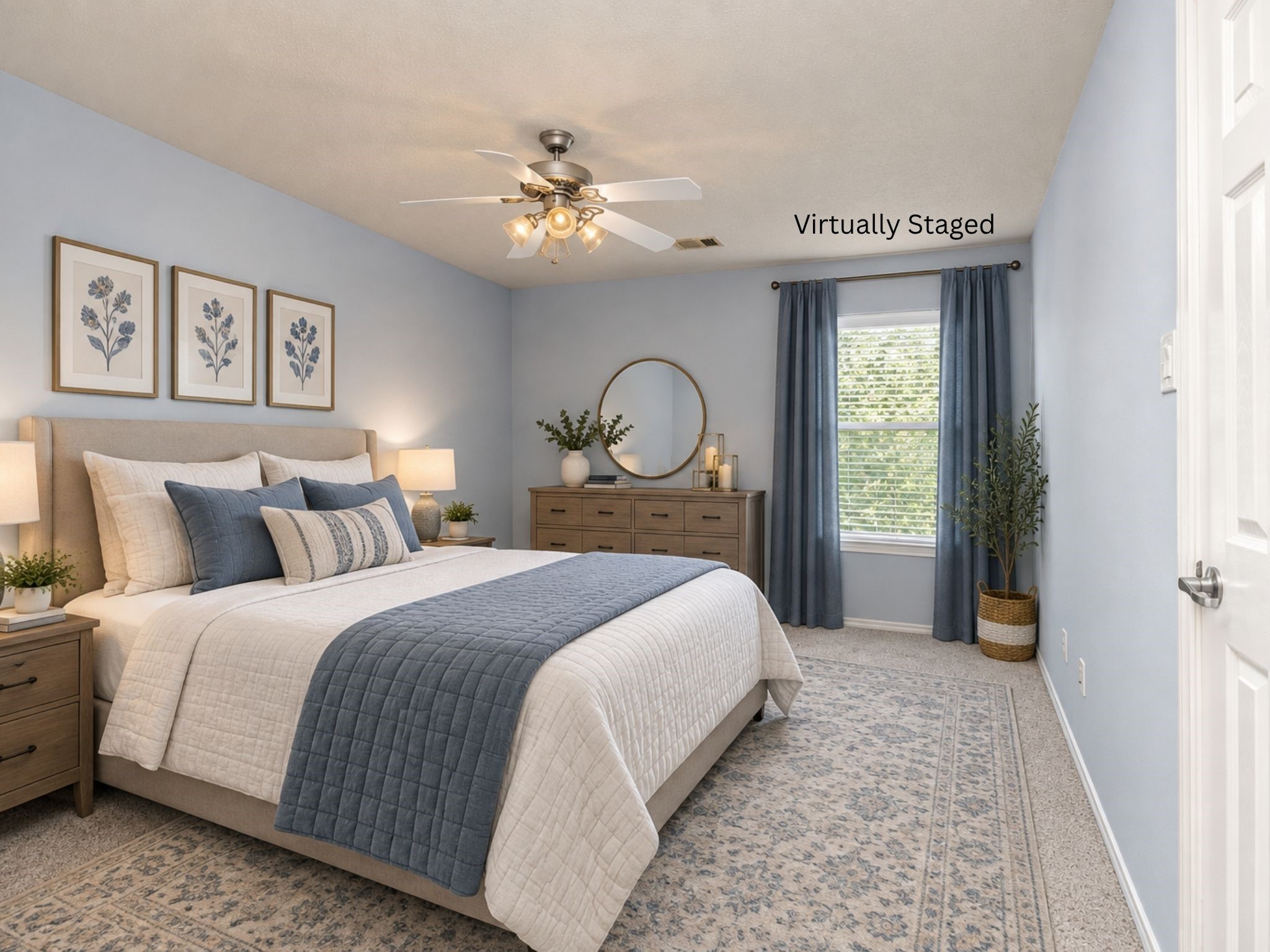 Virtually staged bedroom highlighting the available floor space, natural light, and room for a coordinated bedroom setup. Buyers can envision a comfortable private space for guests or household members without sacrificing everyday functionality.