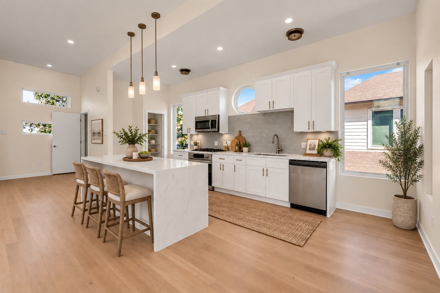 Virtually Staged. Bright and spacious kitchen with sleek white cabinetry, modern appliances, and a large island with seating. Natural light pours in through multiple windows, highlighting the warm wood flooring and contemporary pendant lighting.