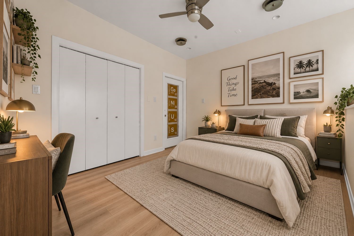 Secondary bedroom virtually staged, features its own private balcony and en-suite bathroom.