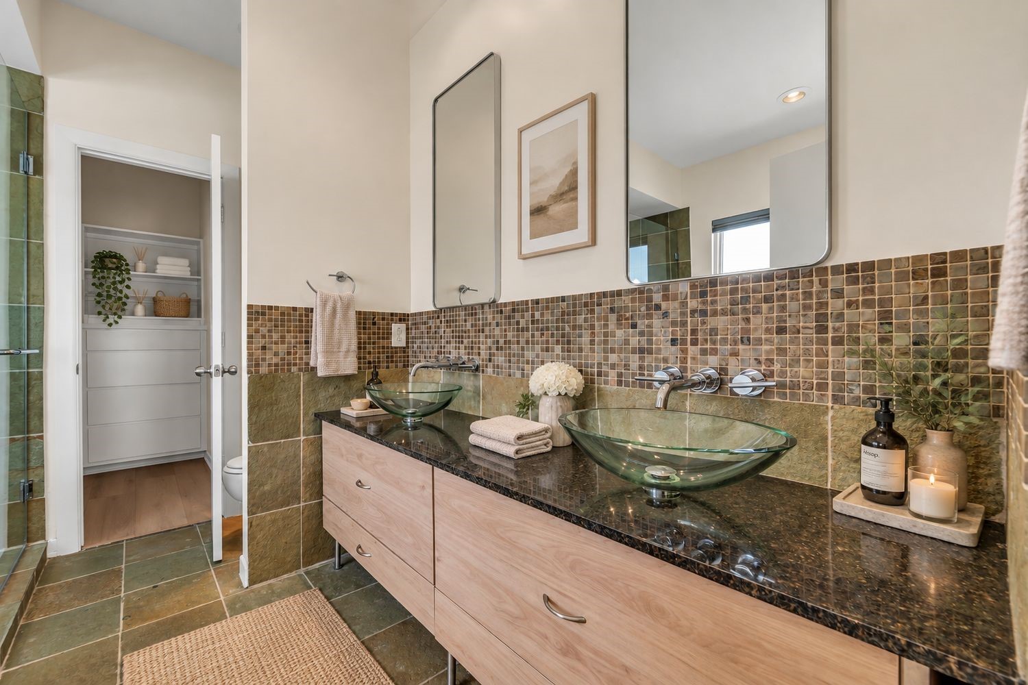 Virtually staged primary bathroom.  Double sinks, separate shower and jacuzzi tub.