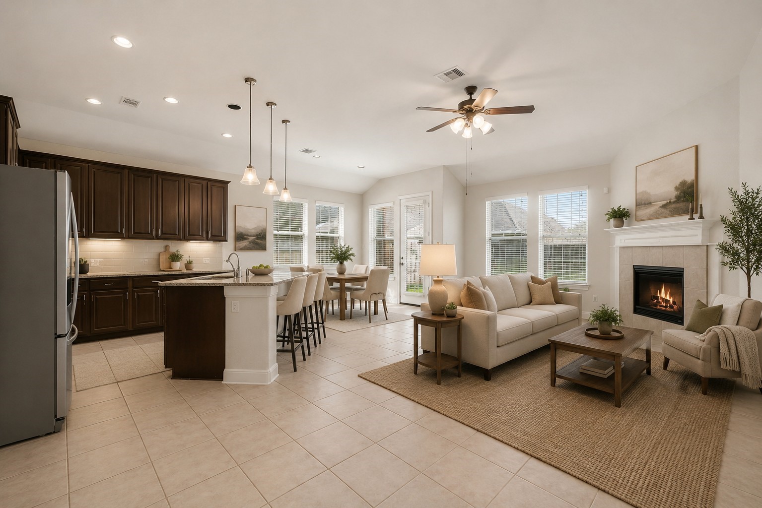 Virtually staged living and kitchen area