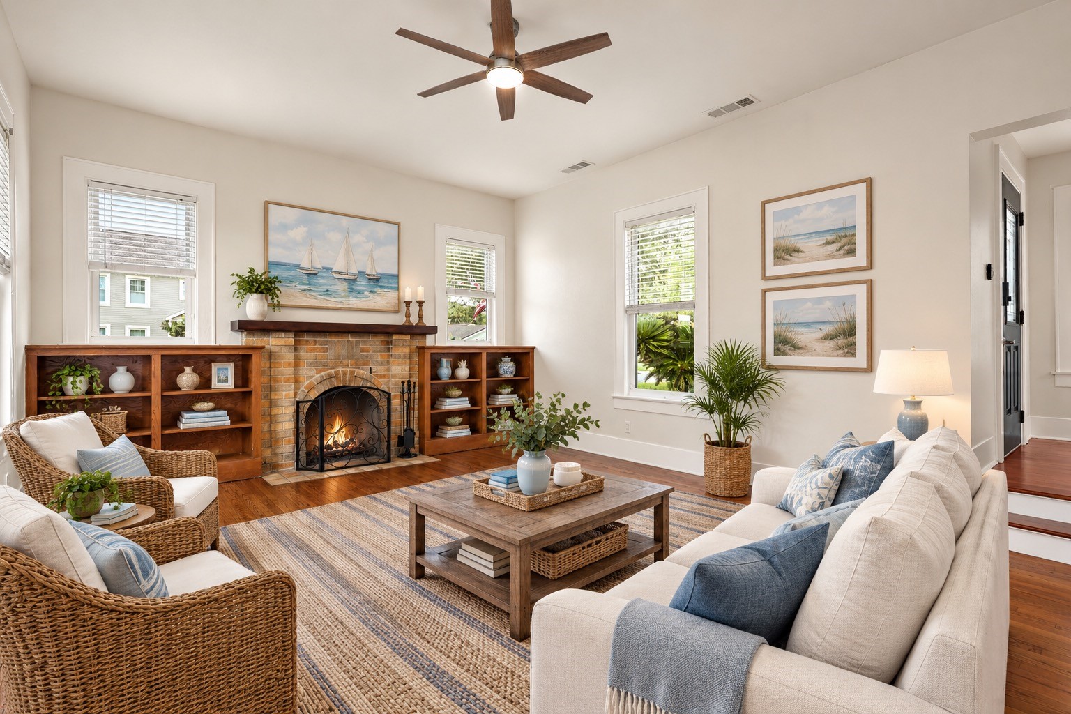 Virtually staged living room with its cozy fireplace, built-in shelves, and inviting seating area, perfect for relaxation and entertaining.