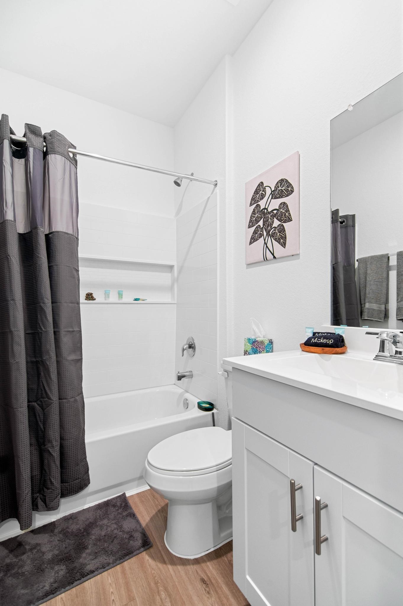 Modern bathroom featuring a sleek vanity with ample storage, a full bathtub with a stylish shower curtain, and elegant wood flooring, all complemented by tasteful decor.