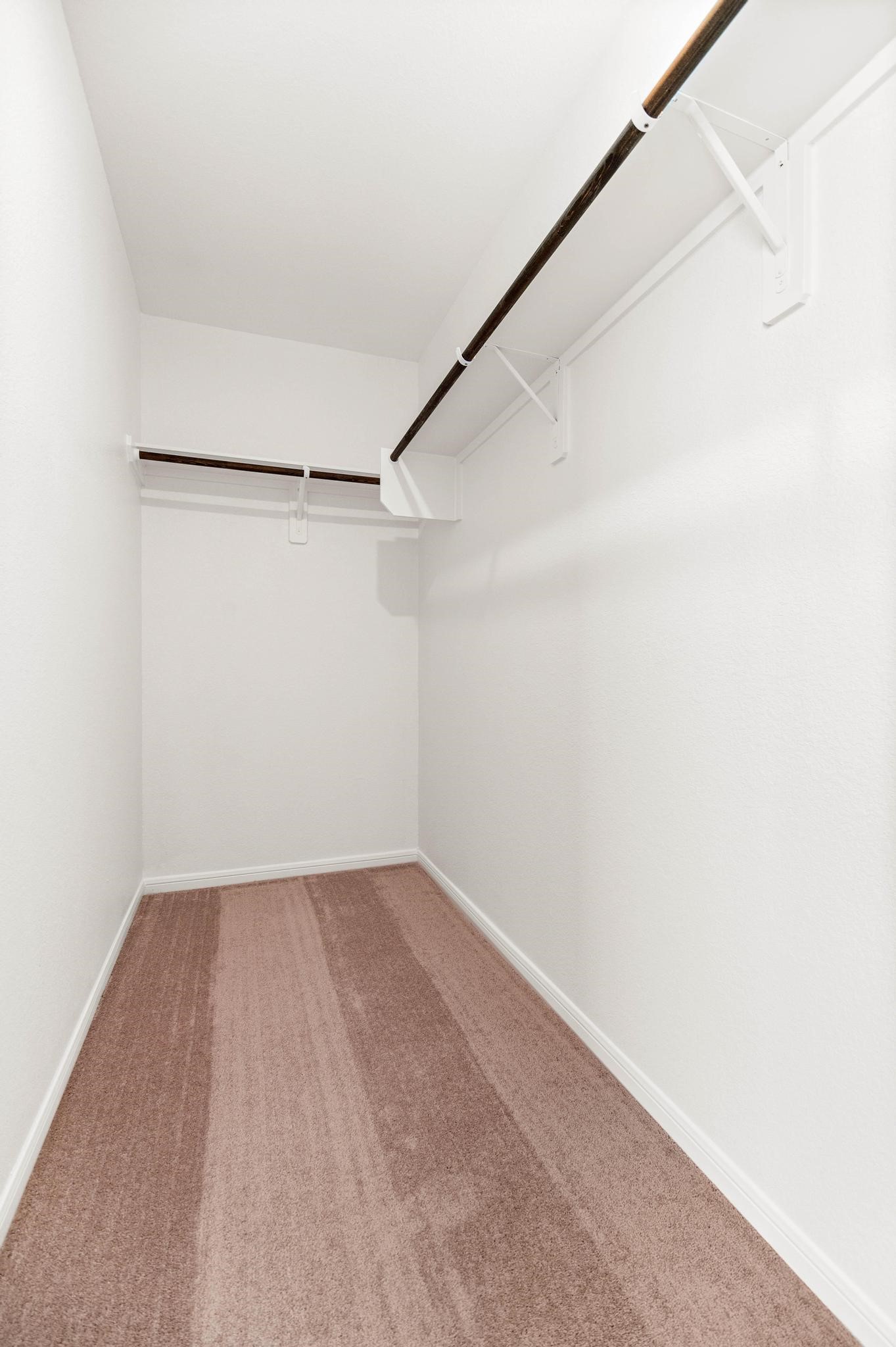 Spacious walk-in closet with double hanging rods and plush carpet, perfect for organizing your wardrobe.