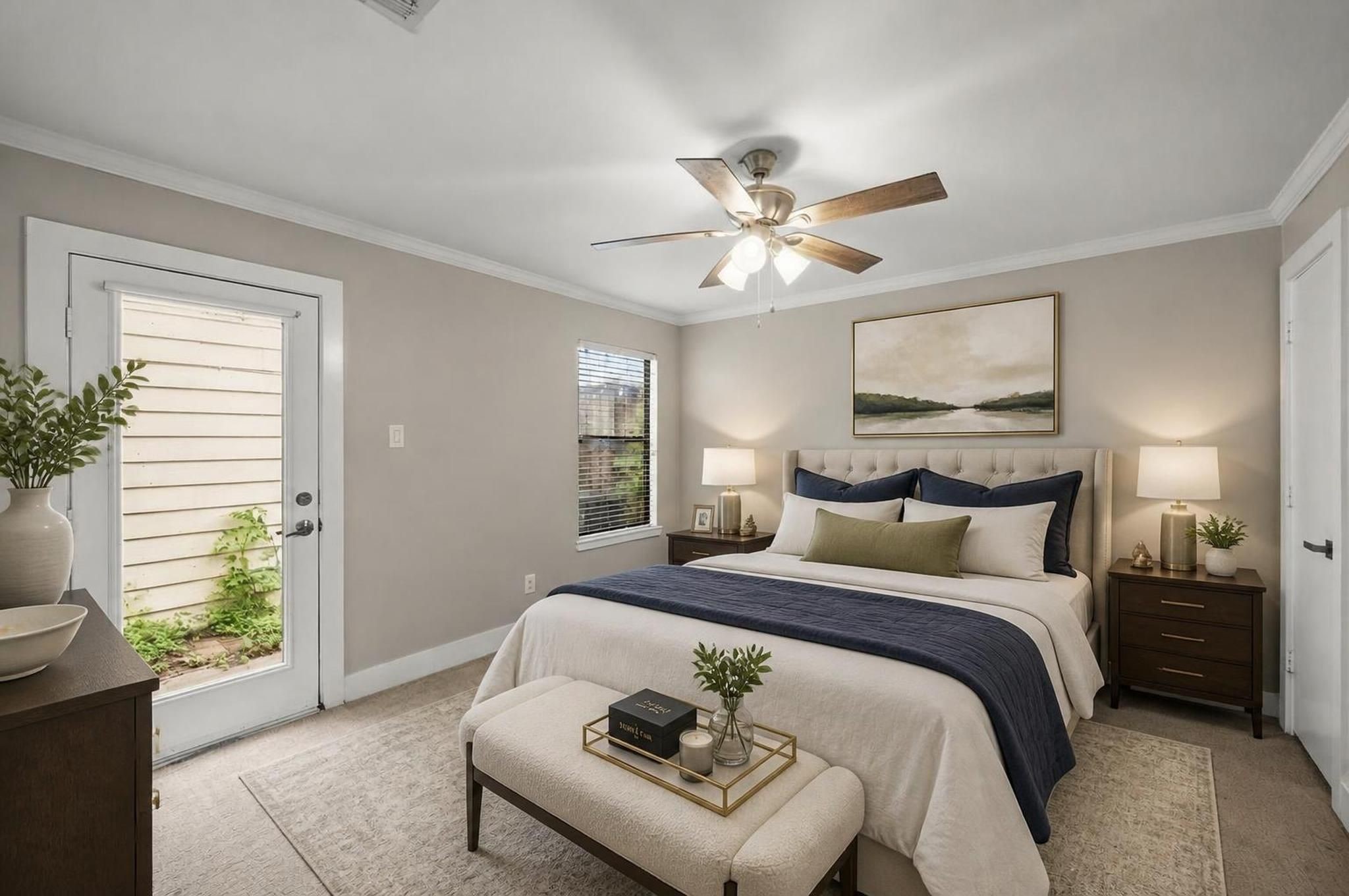 The first-floor bedroom offers a quiet, flexible space away from the main living level. It works beautifully as a guest suite, private office, or peaceful retreat with a full bathroom nearby. Virtually staged.