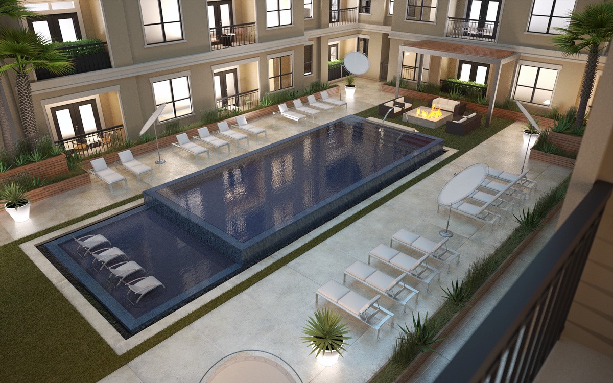This infinity pool  lends a very peaceful environment for the units in this smaller building with its own garage and gym.
