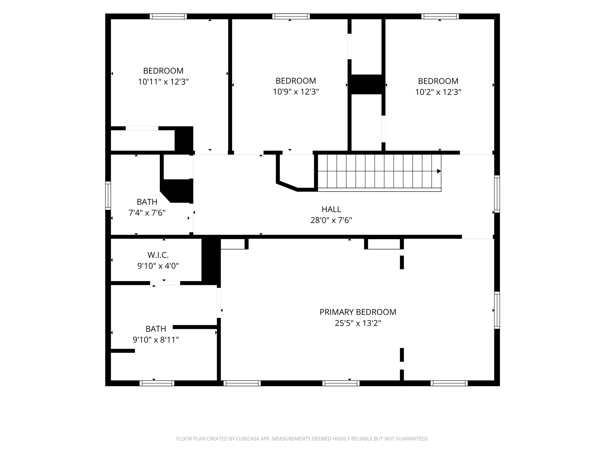 Spacious upper floor layout featuring three well-sized bedrooms, including a primary suite with a large walk-in closet and private bath. Additional bath conveniently located near secondary bedrooms.