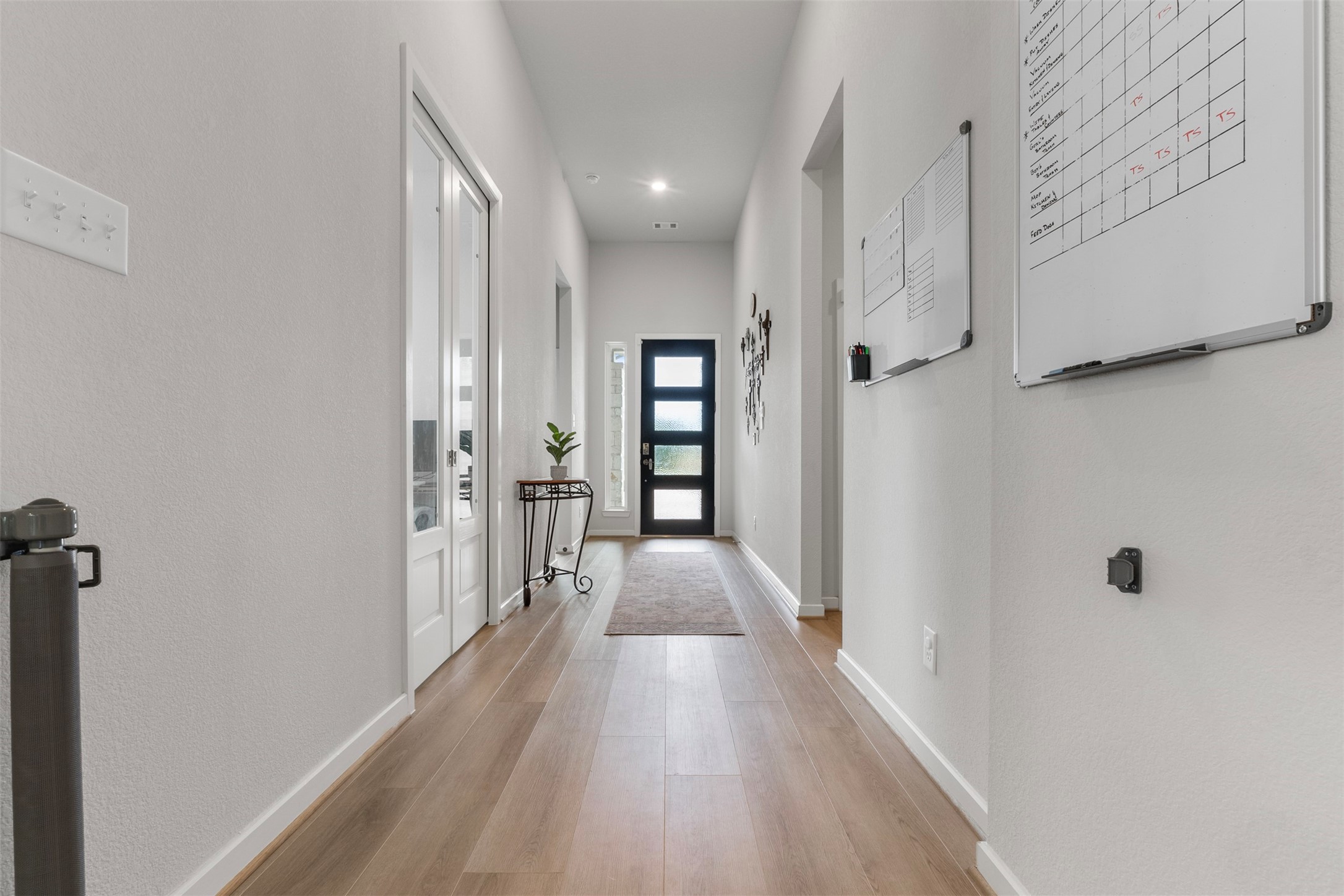 Bright and inviting hallway with sleek hardwood floors, and modern front door.