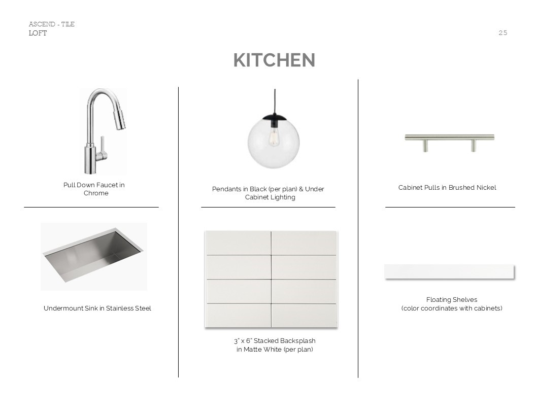 Loft Look Palette 1: Kitchen Selection Sheet (*Artist rendering used for illustration purposes only.)