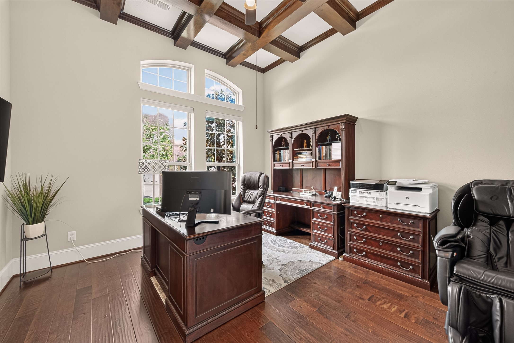 Home Office/Study with oversized ceilings and gorgeous wood beams