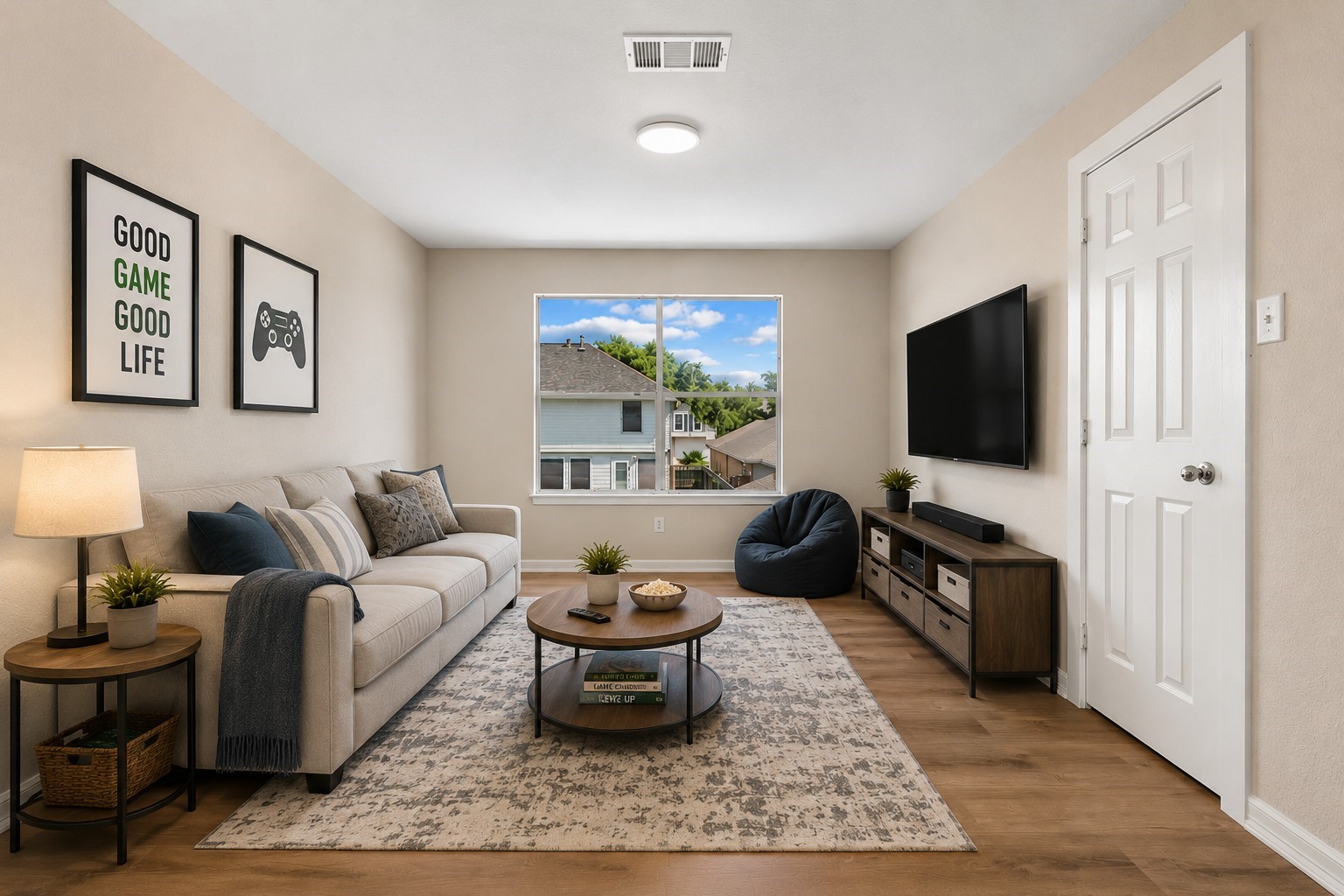 Virtually staged to show the room as a game room.
