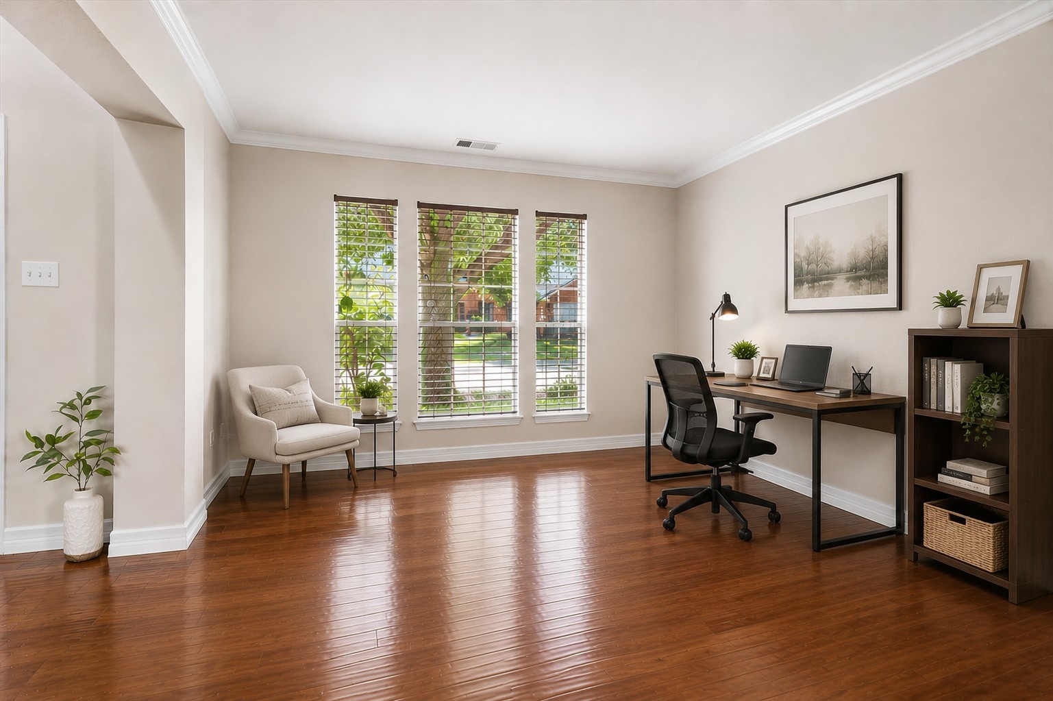 Virtually staged to show the room as an office.