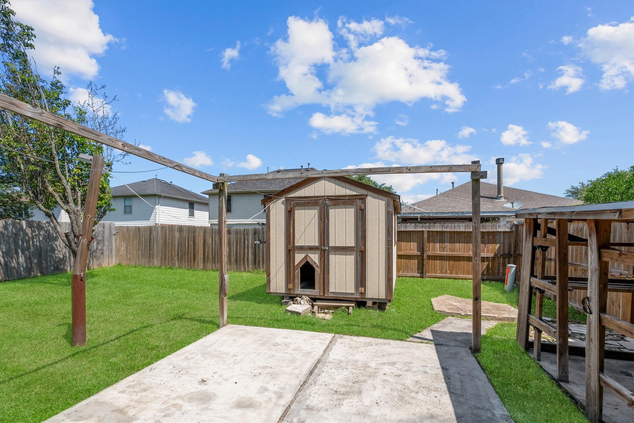 Storage shed adds extra space for tools, equipment, seasonal dcor, or hobby supplies.