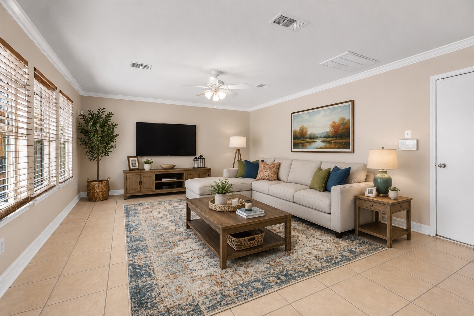 Virtually staged to show the room as a family room.