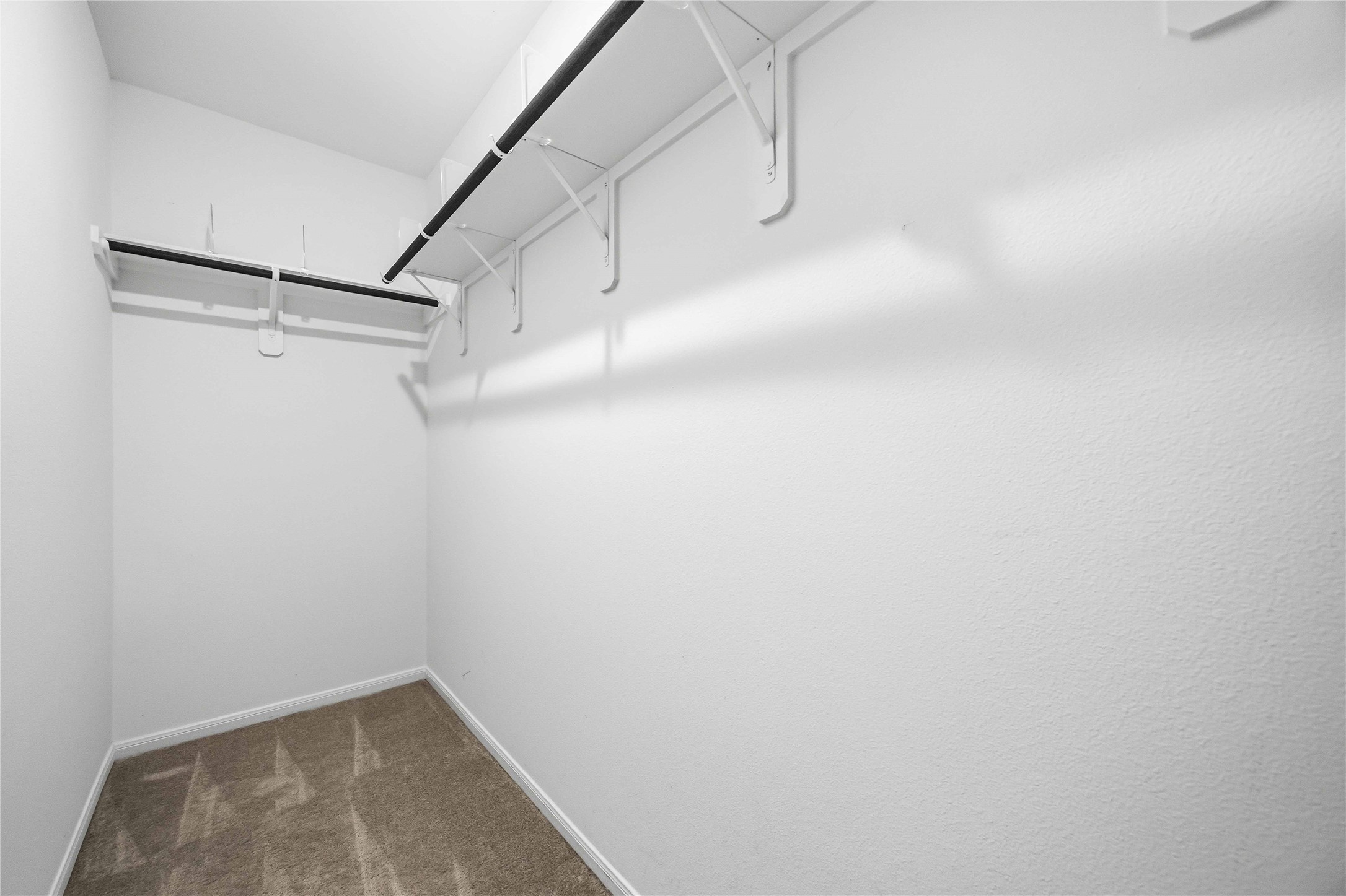 Walk-in closet with shelving and hanging space.