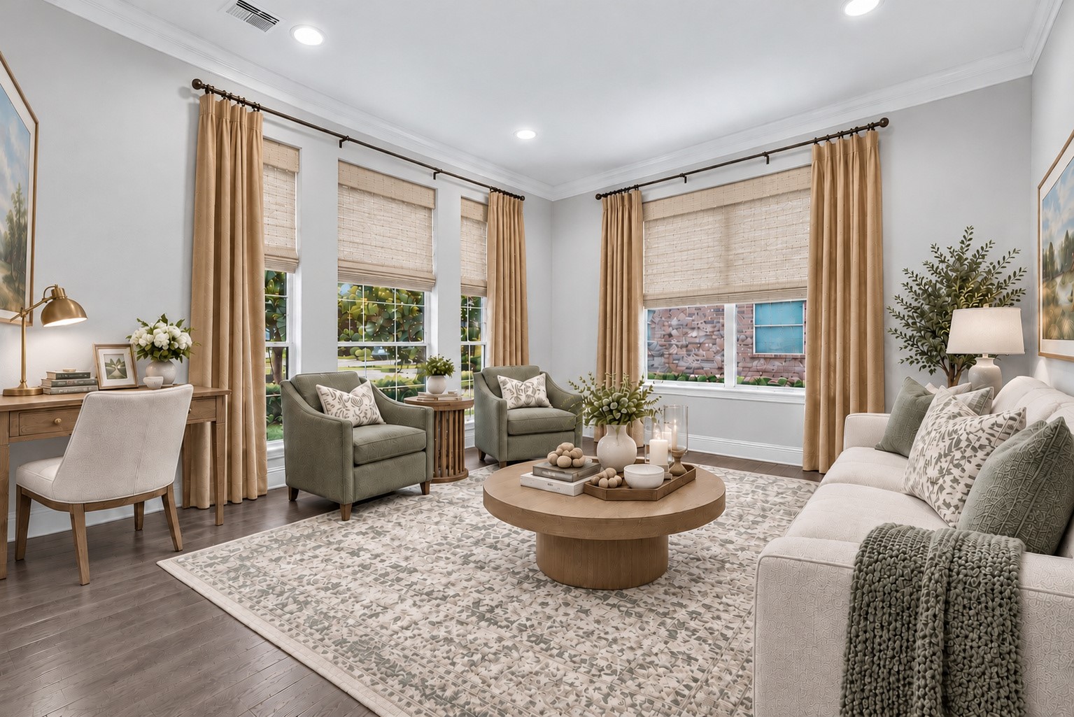 VIRTUALLY STAGED FOR EVERYDAY LIVING! What a difference a little imagination can make! This virtually staged image illustrates how the Formal Living Room can become a welcoming sitting area with comfortable seating, a coffee table and a small desk or workspace. Imagine enjoying your morning coffee by the windows, catching up with friends or settling in with a good book. A wonderful example of how this versatile room can adapt to the way you want to live.