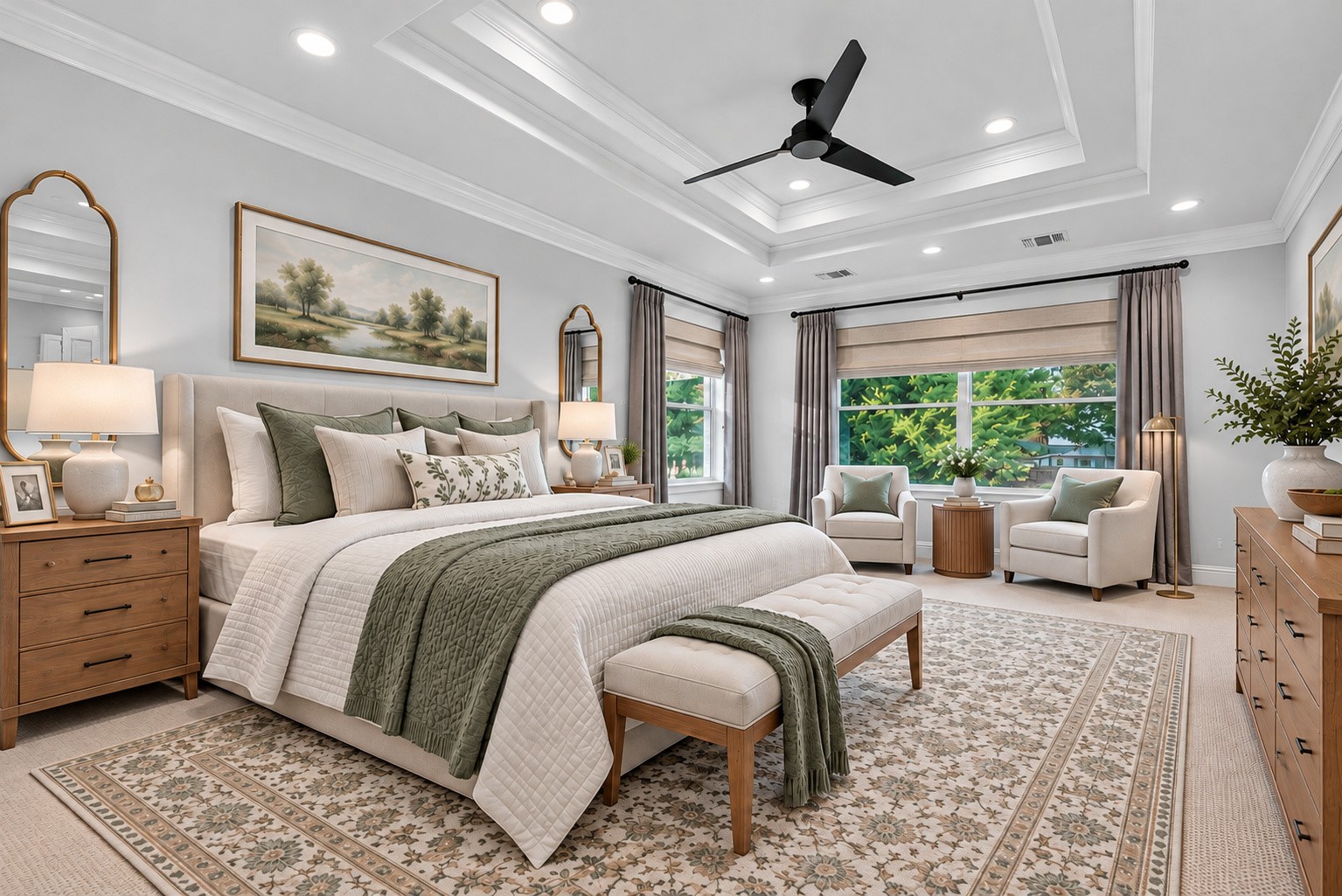VIRTUALLY STAGED FOR REST & RELAXATION! Imagine waking up to beautiful views of the backyard pool, enjoying your morning coffee in a comfortable sitting area or curling up with a good book before bedtime. This virtually staged photograph illustrates how easily the spacious Primary Bedroom accommodates a king-size bed, nightstands, dresser & two inviting chairs overlooking the backyard. With its elegant tray ceiling & generous proportions, this is a wonderful retreat to begin & end each day.