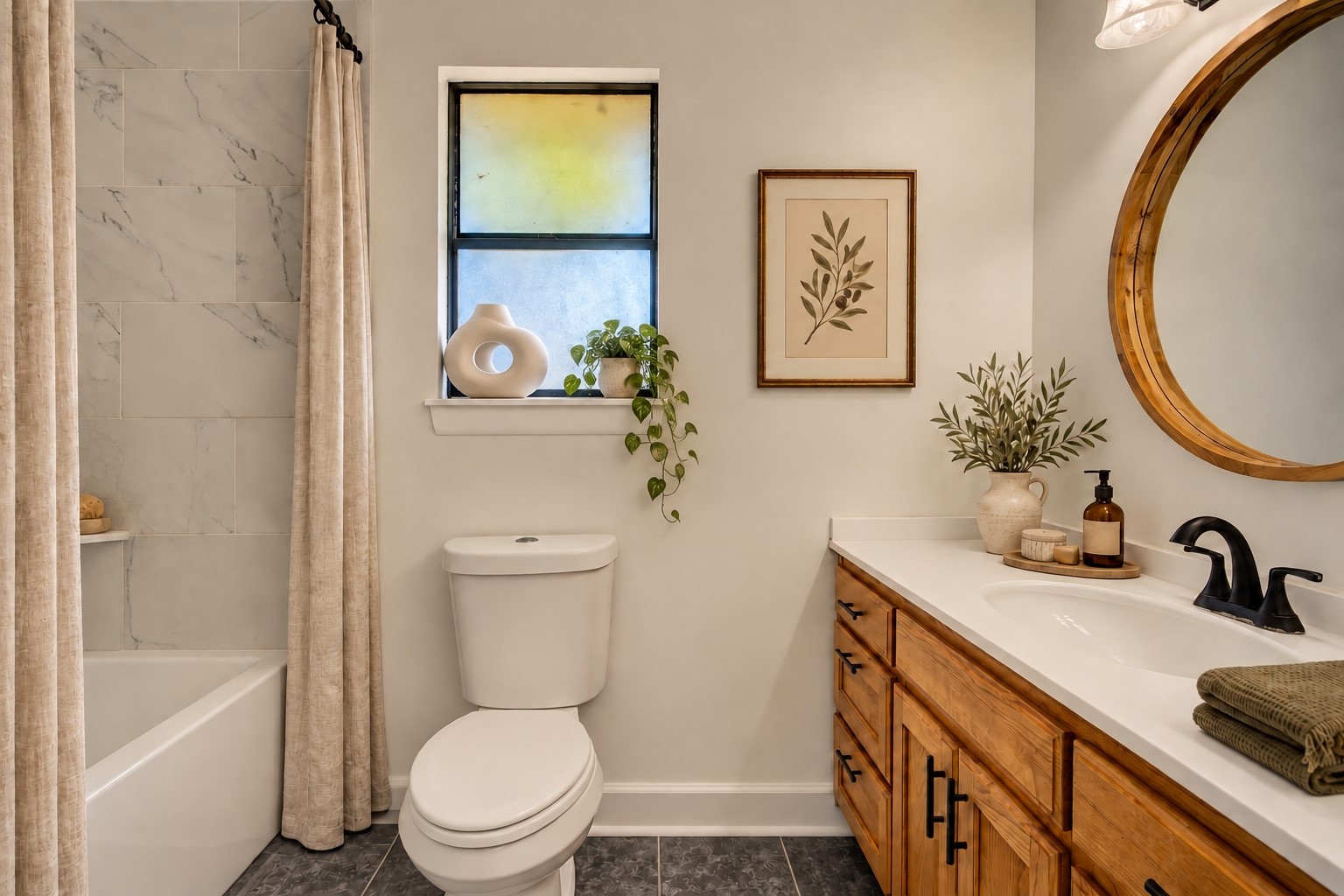 The primary bath has been updated with a large soaking tub *virtually staged*