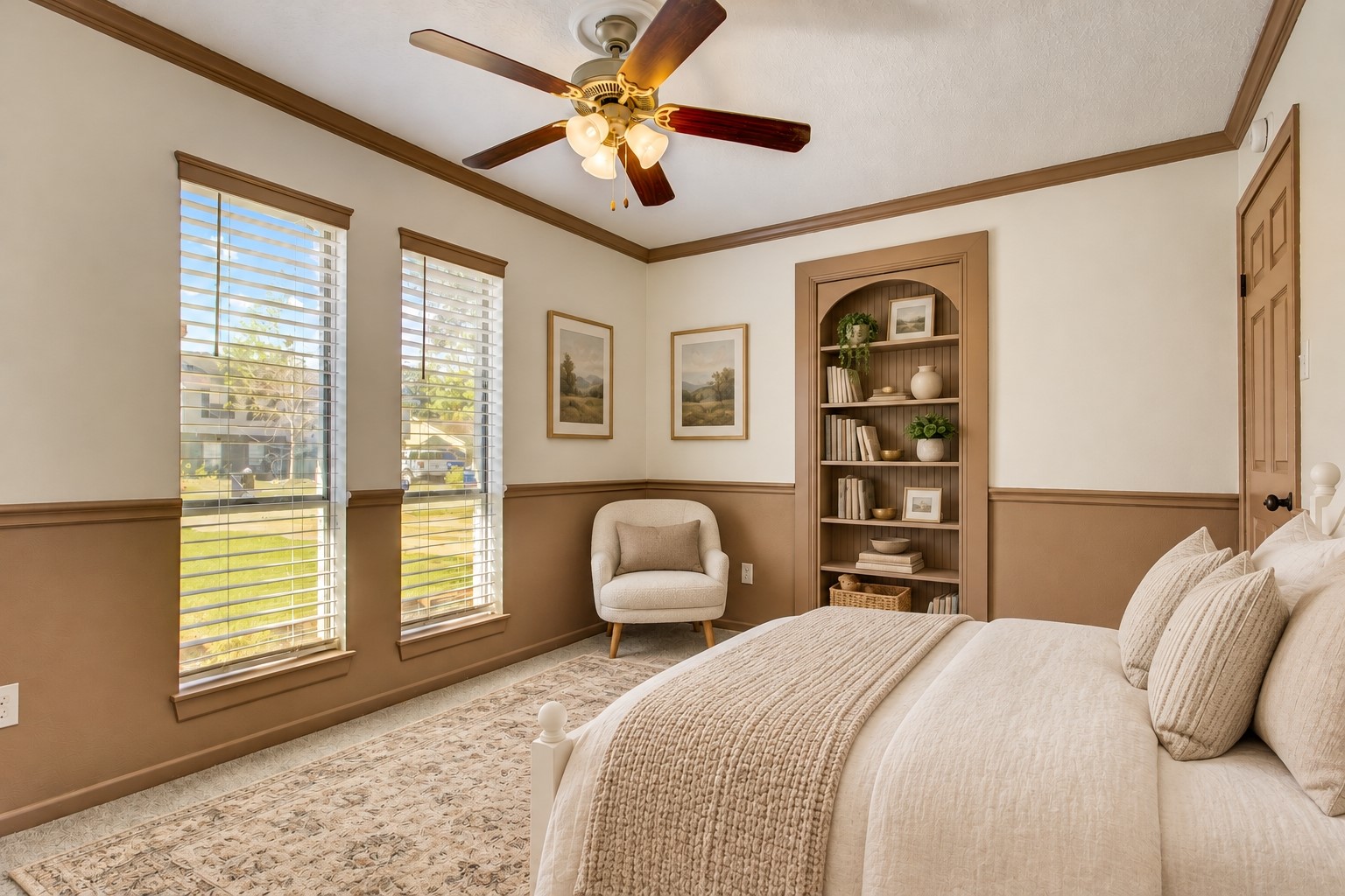 Bedroom #2 has beautiful custom wainscoting and shelving *virtually staged*