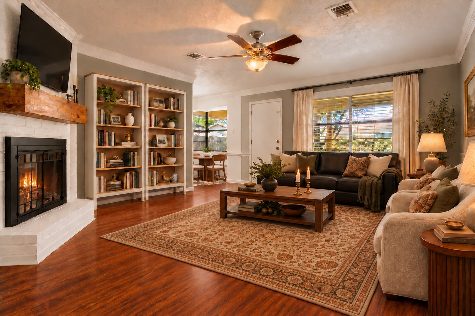 The living room is spacious and bright with a custom fireplace mantle *virtually staged* The living room is spacious and bright with a custom fireplace mantle *virtually staged*