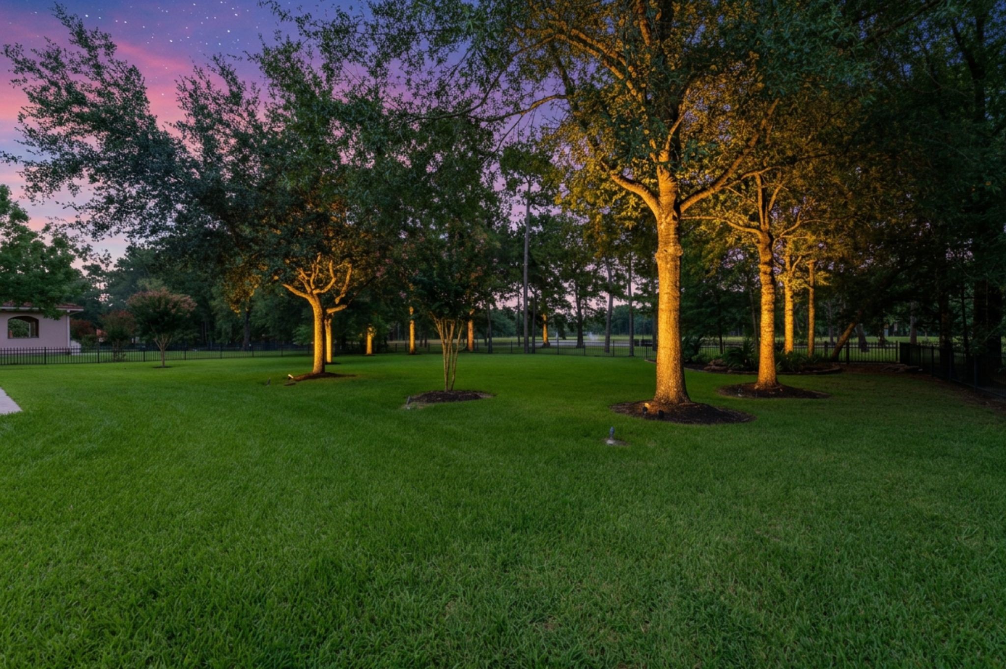 Beautiful uplighting on the back yard trees.