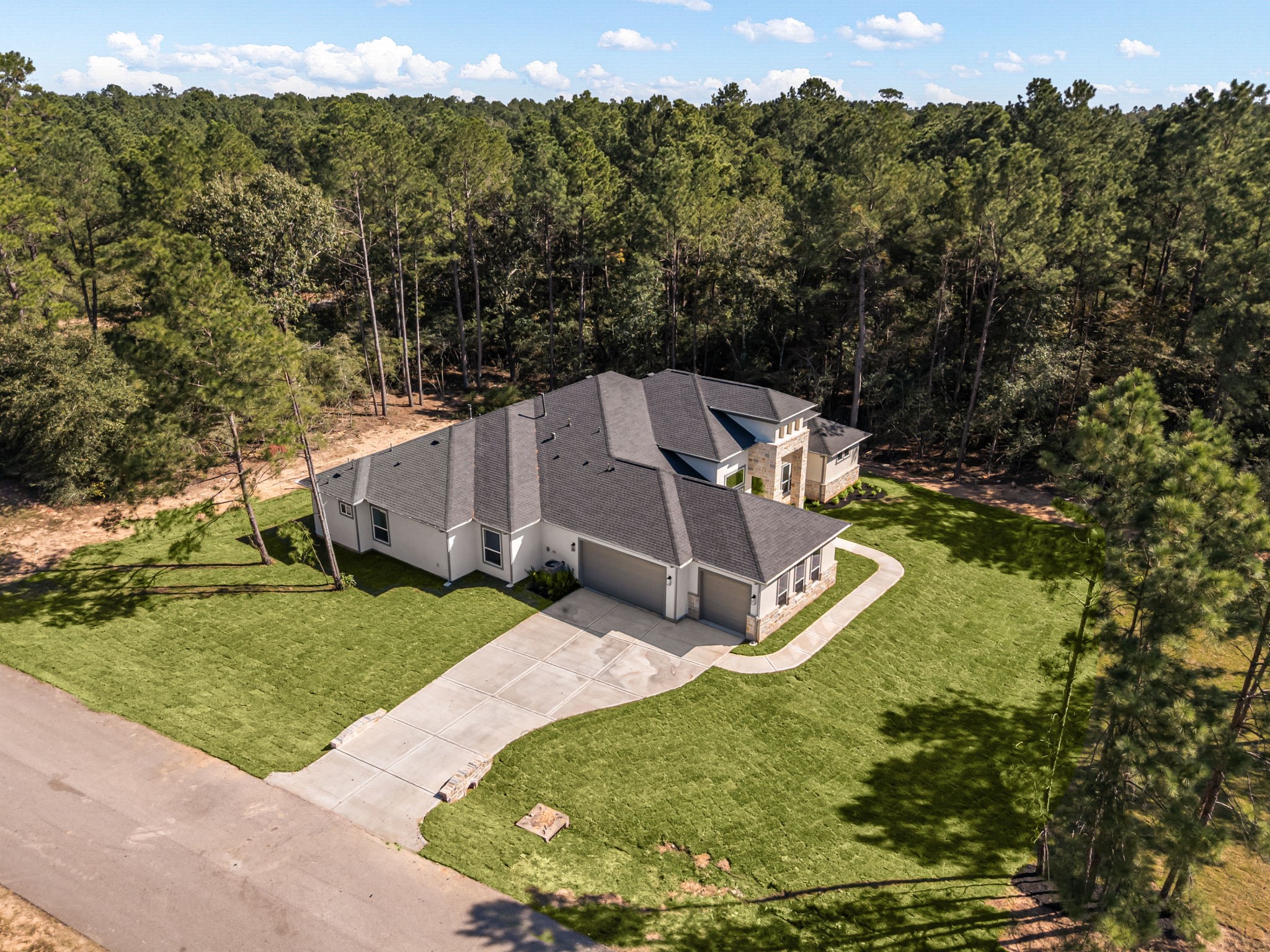Aerial perspective highlighting the home's expansive layout, driveway, and surrounding greenery.