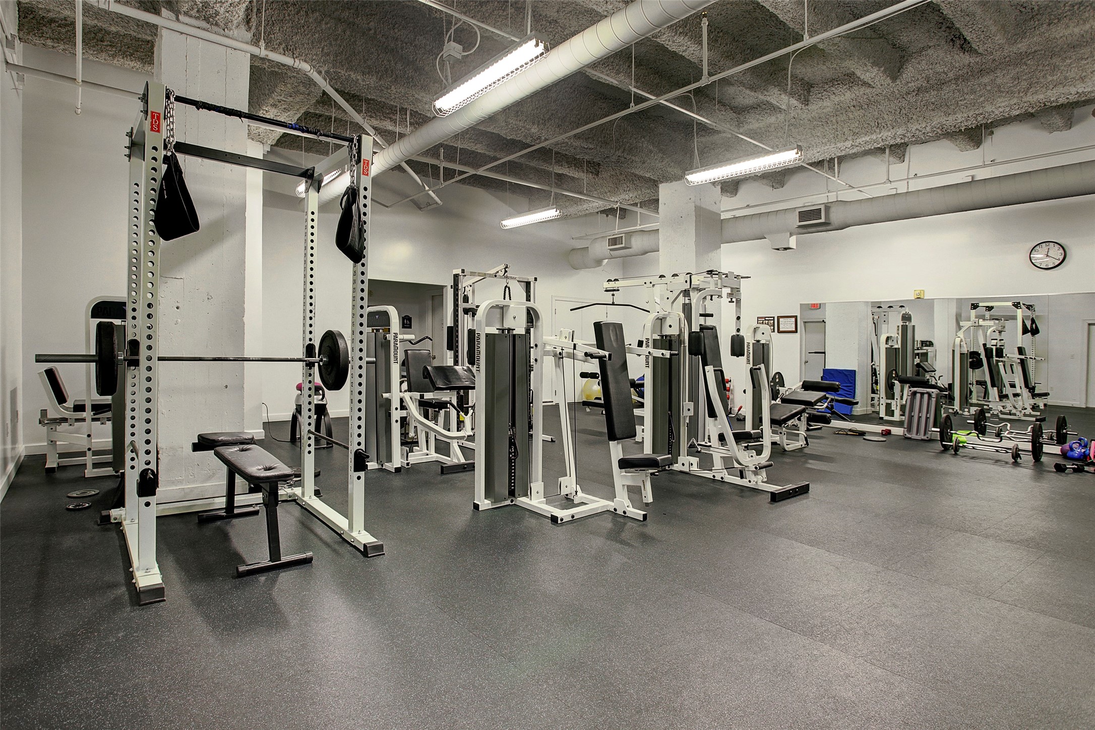 Spacious fitness center equipped with a variety of modern exercise machines and free weights, perfect for maintaining an active lifestyle.
