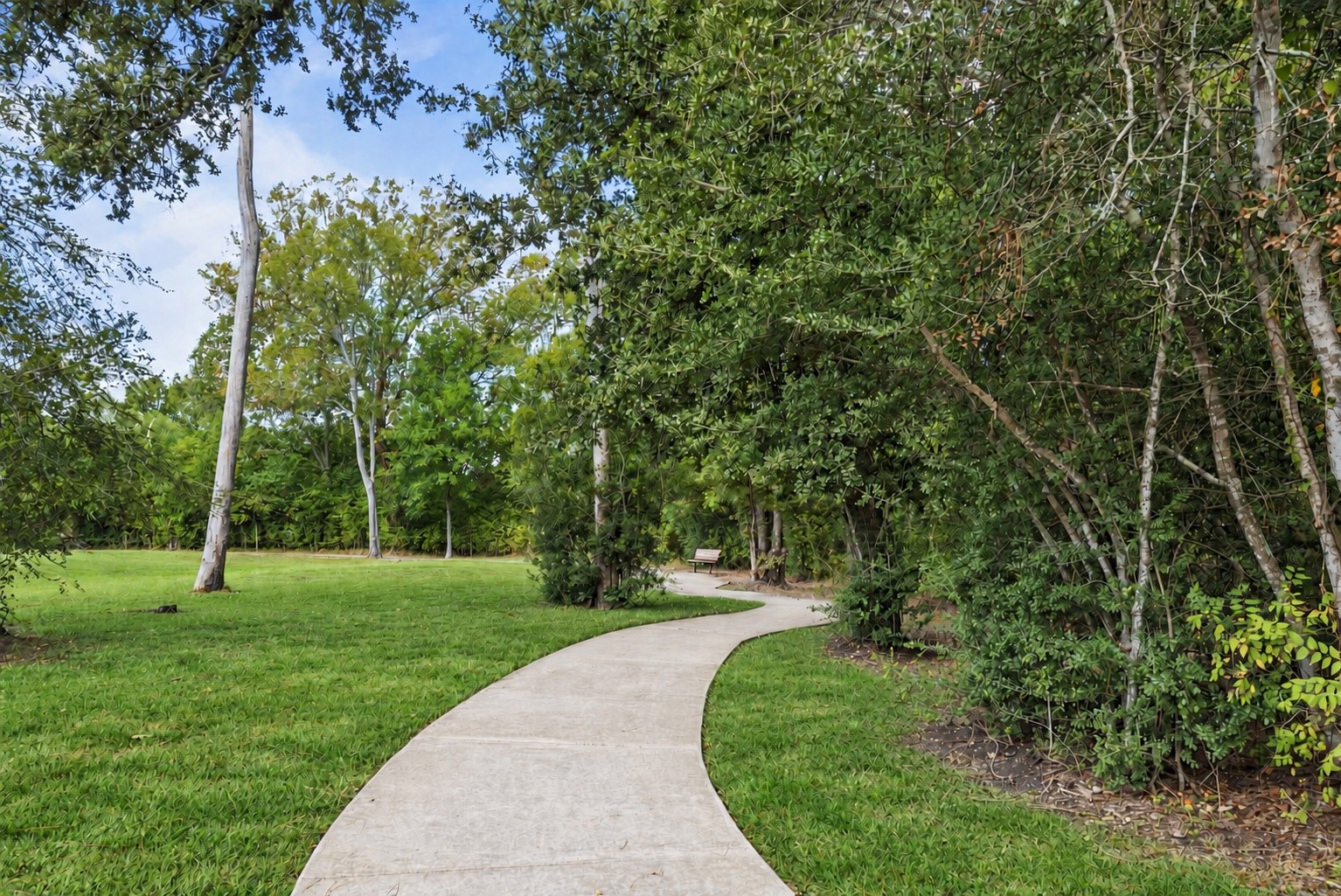 Community walking path winding through lawn and mature trees.