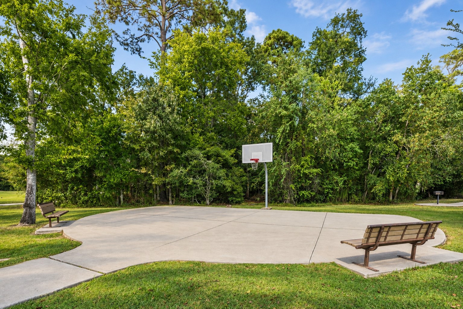 Community basketball court with seating and trees around the recreation area.