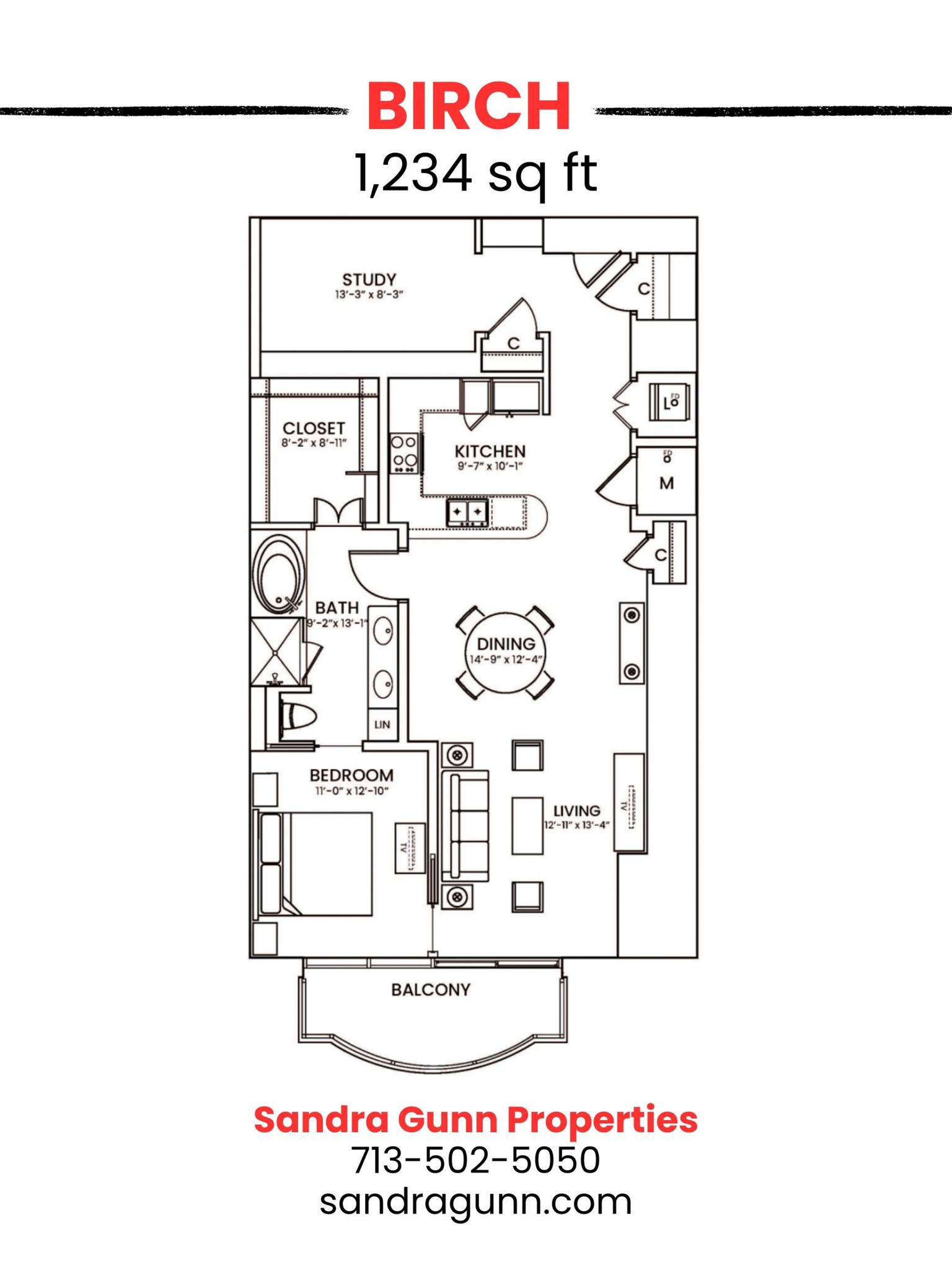 1,234 sq. ft. one-bedroom residence with a dedicated study, offering the perfect balance of open living and flexible space.