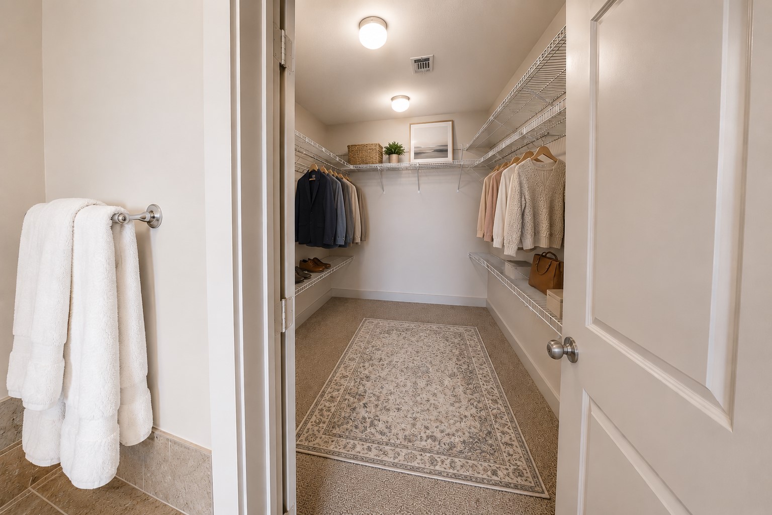 Virtually staged to showcase the possibilities of this spacious walk-in closet, featuring extensive shelving and abundant room for wardrobe storage and organization.