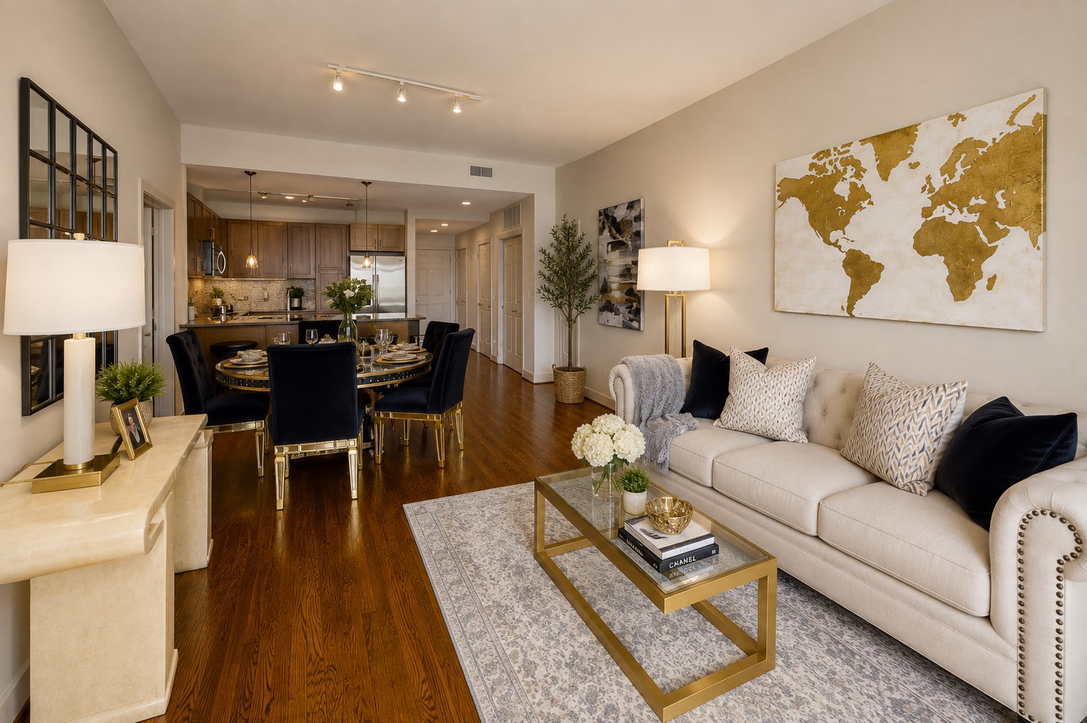 Sophisticated living and dining spaces combine timeless finishes with an airy open layout, warm hardwood floors , floor to ceiling windows and an effortless connection to the gourmet kitchen.