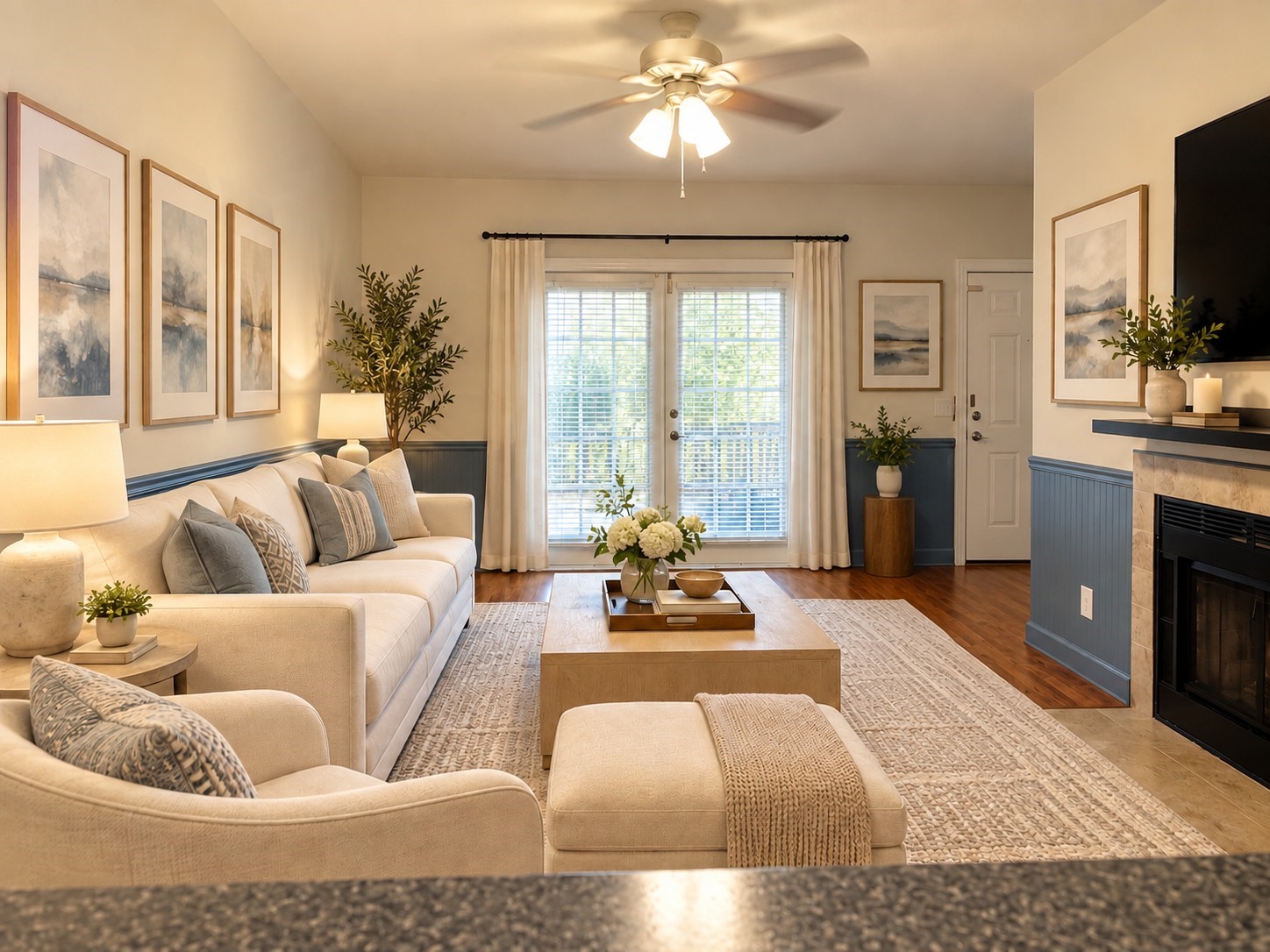 Virtually staged to showcase the living room's potential as a warm and welcoming space to call home, with natural light flowing through the french doors. Virtually staged to showcase the living room's potential as a warm and welcoming space to call home, with natural light flowing through the french doors.