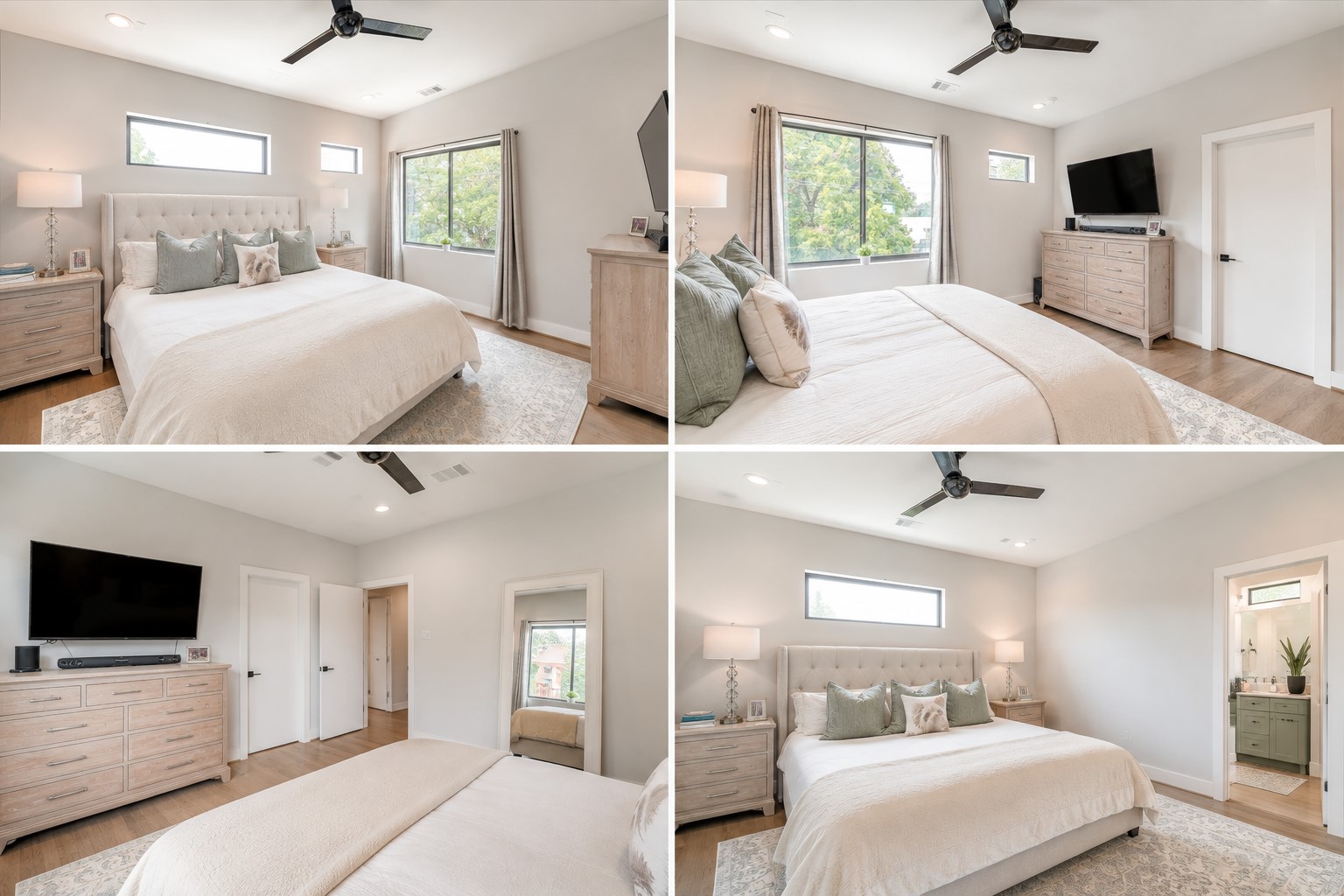 Spacious primary retreat with oversized dimensions, abundant natural light, and elegant hardwood flooring. Photos reflect previous furnishings. Home is currently vacant. Furnishings shown are for illustrative purposes only.
