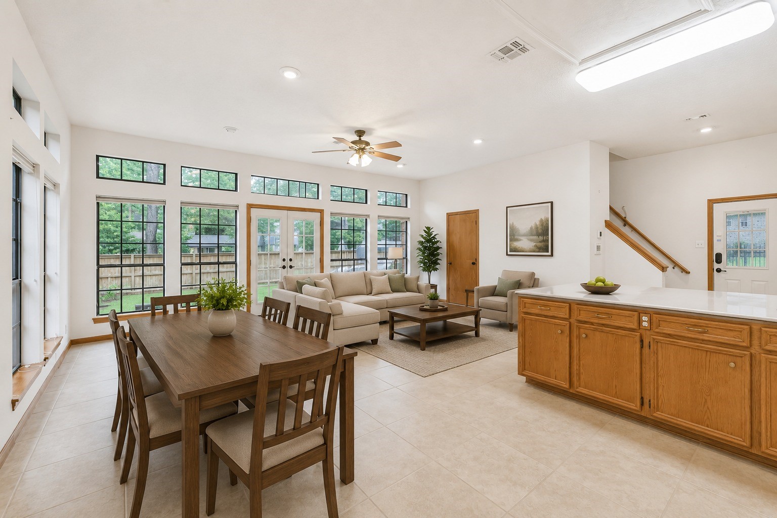 Virtually staged family room/kitchen.